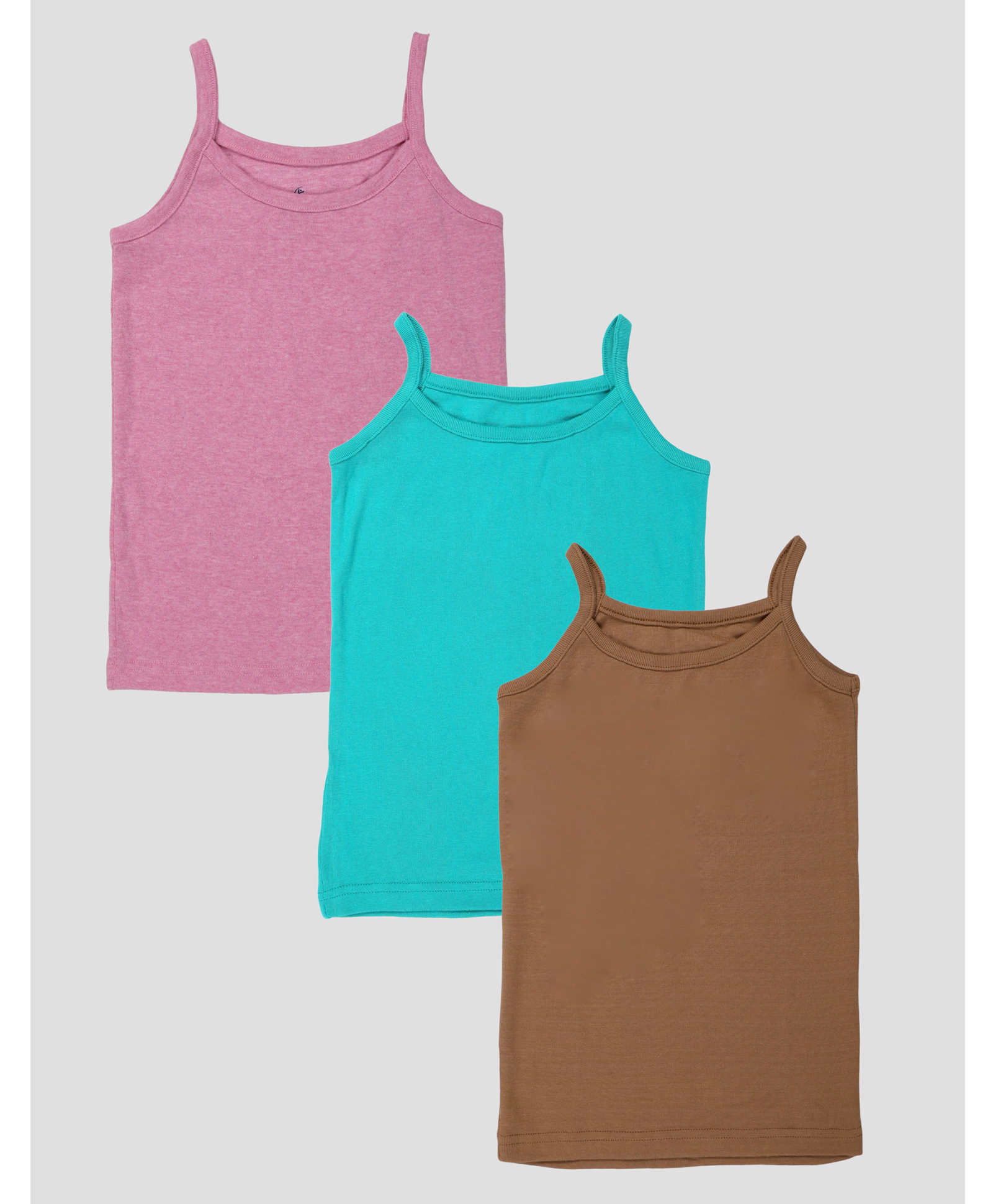 Kiddopanti Cotton Knit Pack Of 3 Sleeveless Solid Camisoles - Green Brown & Pink Melange-image-34