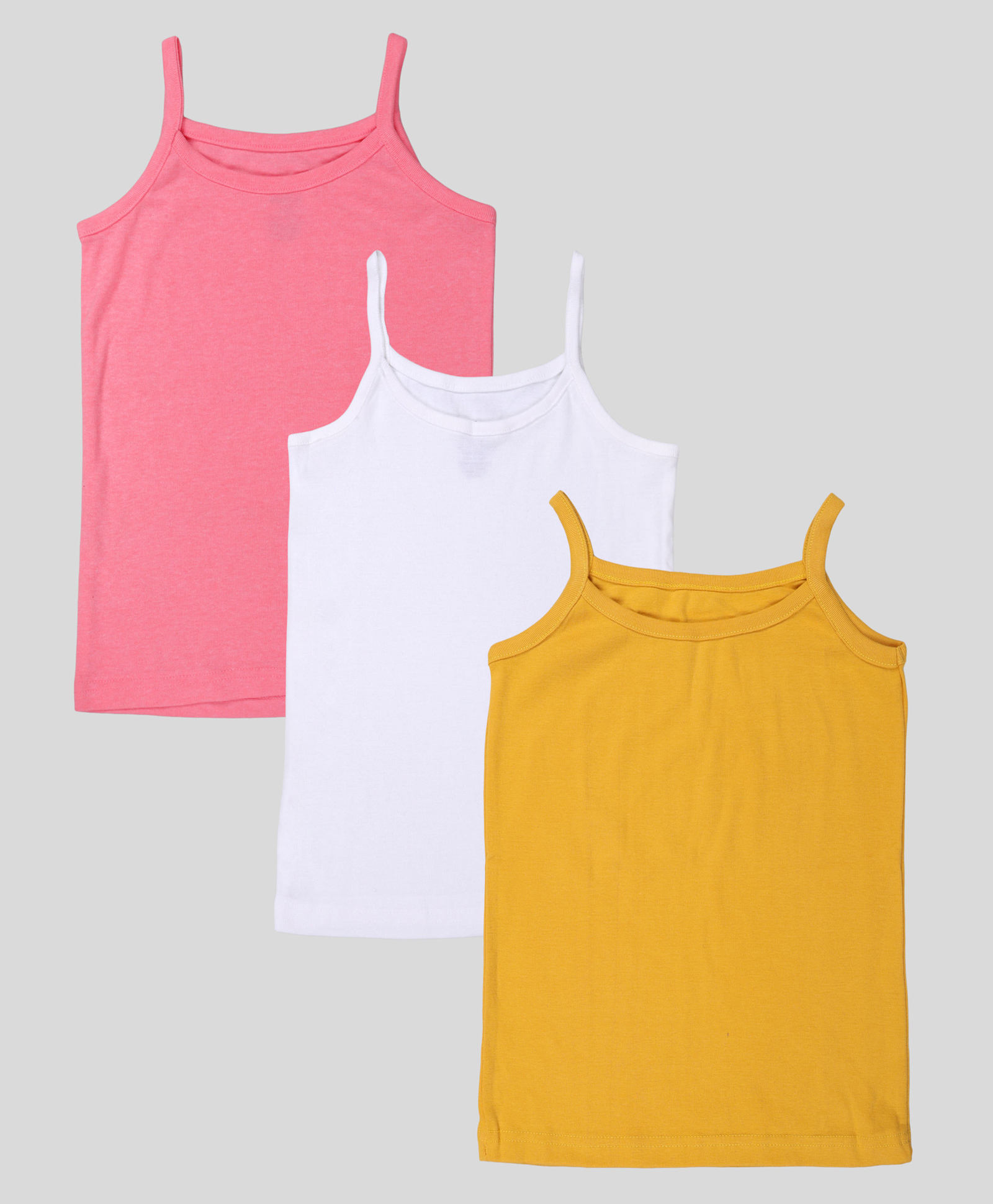 Kiddopanti Cotton Knit Pack Of 3 Sleeveless Solid Camisoles - Mustard Neon Pink & White-picture-27