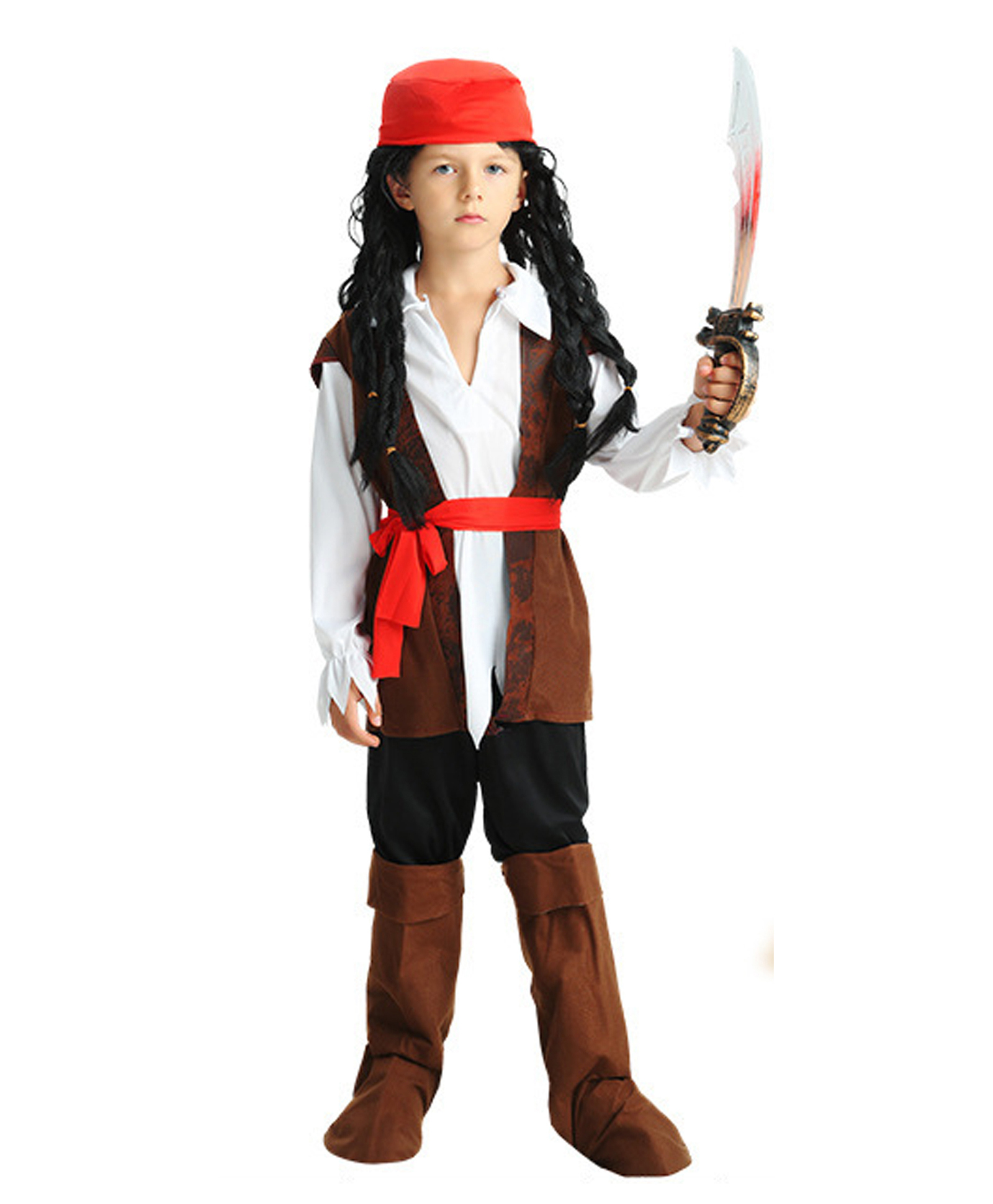 Little Surprise Box Halloween Theme Full Sleeves Pirate Costume With Cap Calf Wraps & Belt Set - Brown-image-10