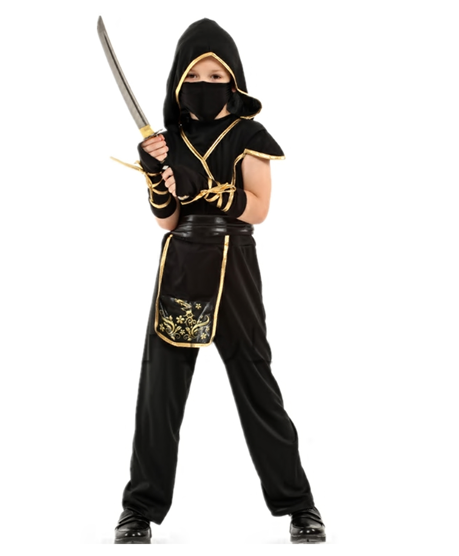 Little Surprise Box Blended Halloween Theme Cap Sleeves Ninja Costume Set With Gloves & Hooded Head Wrap - Black-image-44
