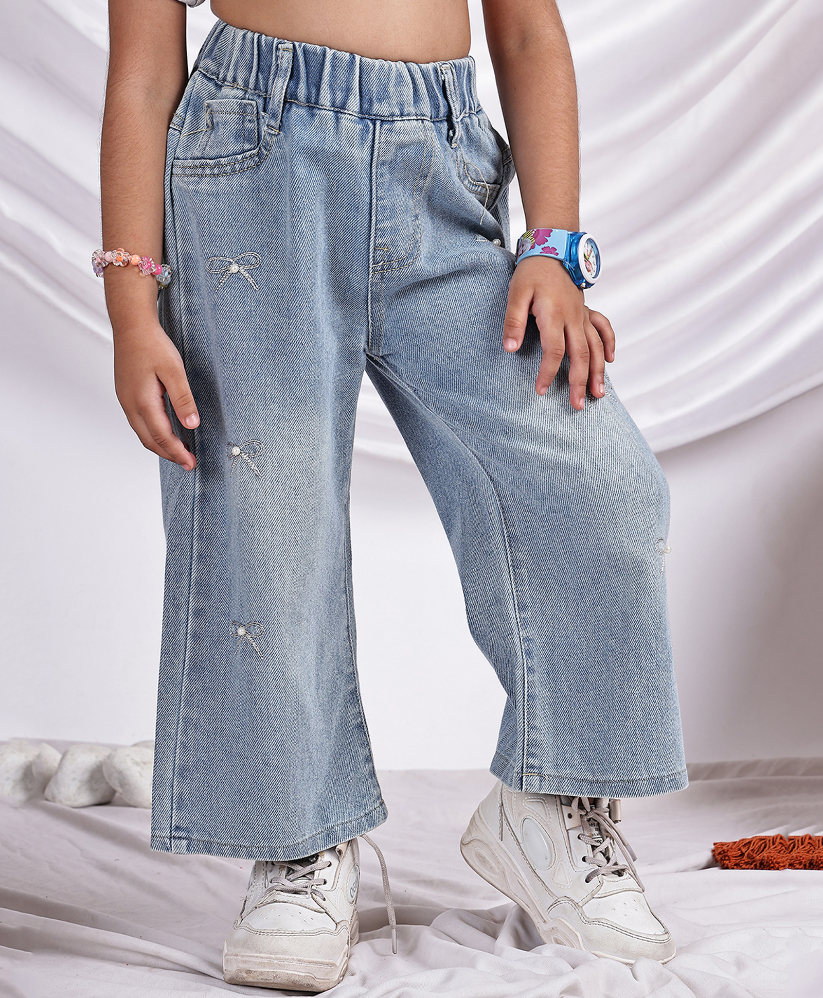 NEUDIS Denim Woven Bow Design Embroidered Pearl Embellished Washed Jeans - Blue-picture-11