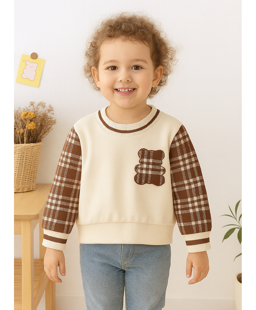 NEUDIS Knit Full Sleeves Bear Designed & Checked Sweater - Cream-picture-27