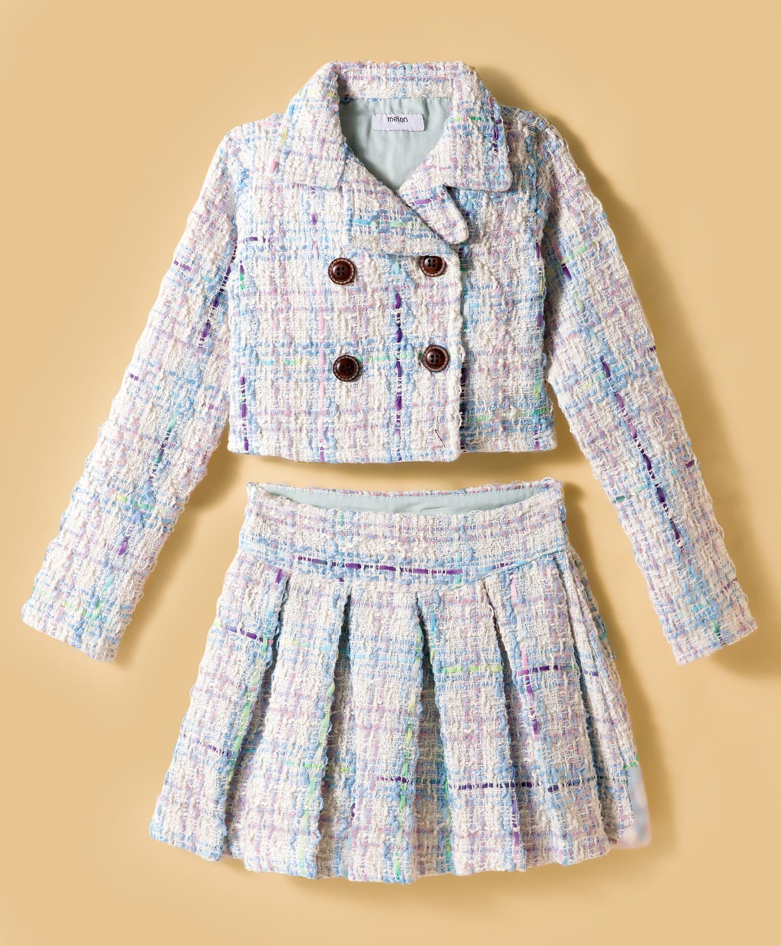 melon Tweed Woven Full Sleeves Winter Wear Checks Top & Skirt Set - Light Blue-image-42