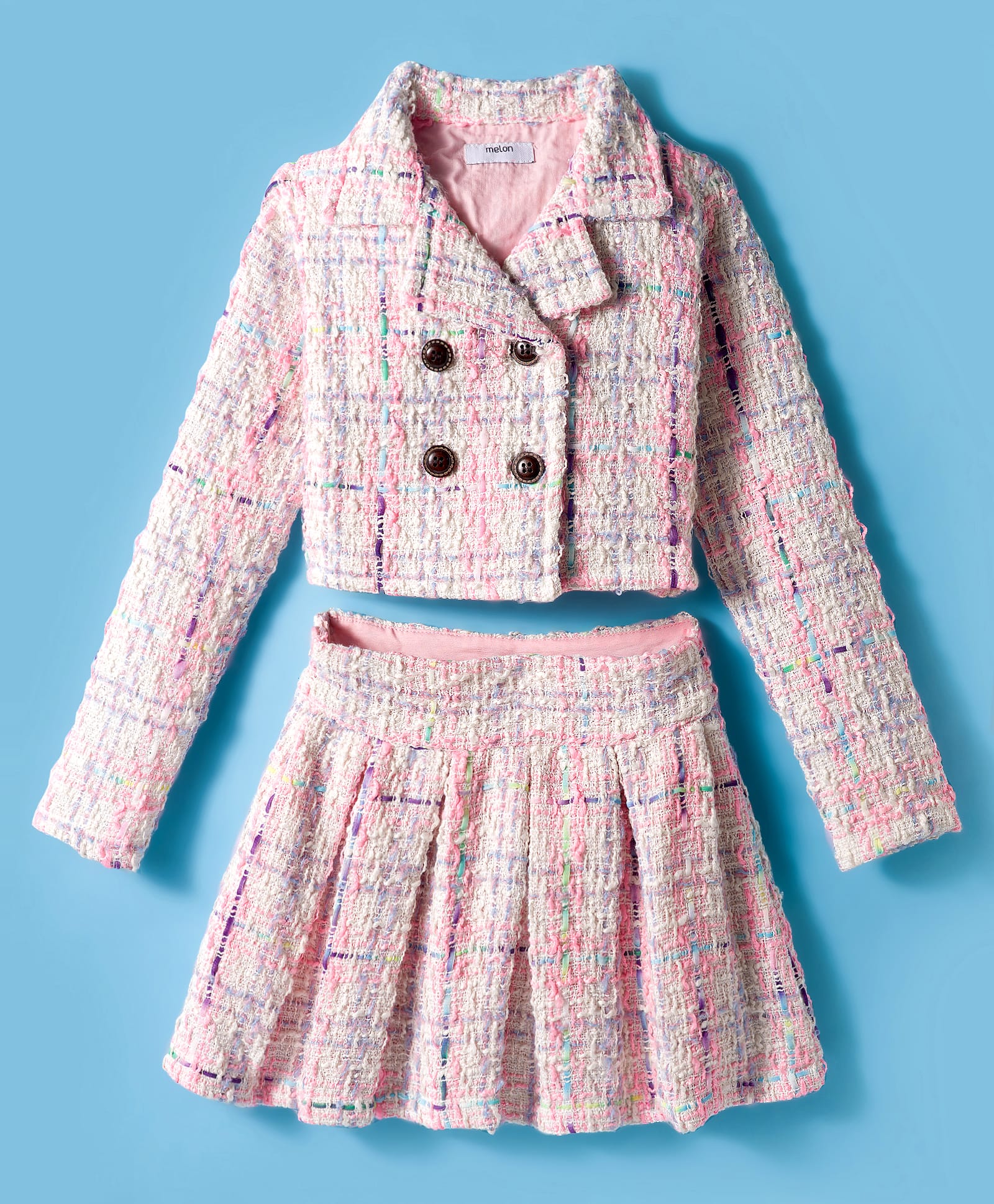 melon Tweed Woven Full Sleeves Winter Wear Checks Top & Skirt Set - Baby Pink-image-40