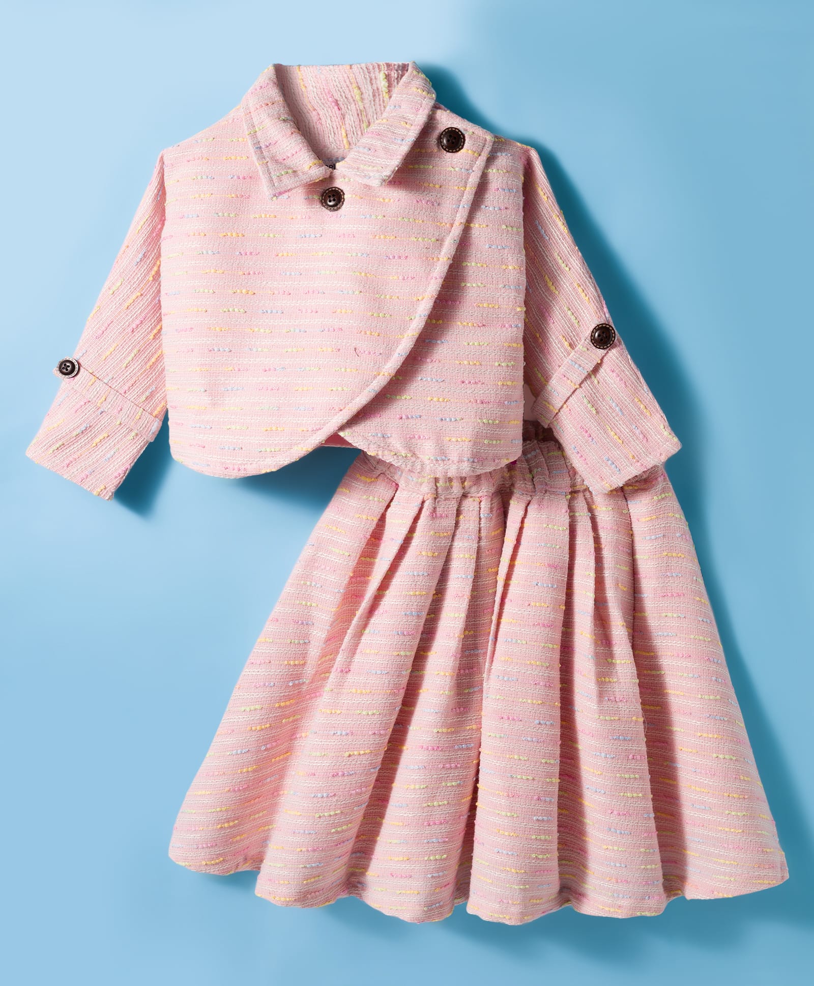 melon Tweed Woven Full Sleeves Winter Wear Striped Top & Skirt Set - Baby Pink-picture-4