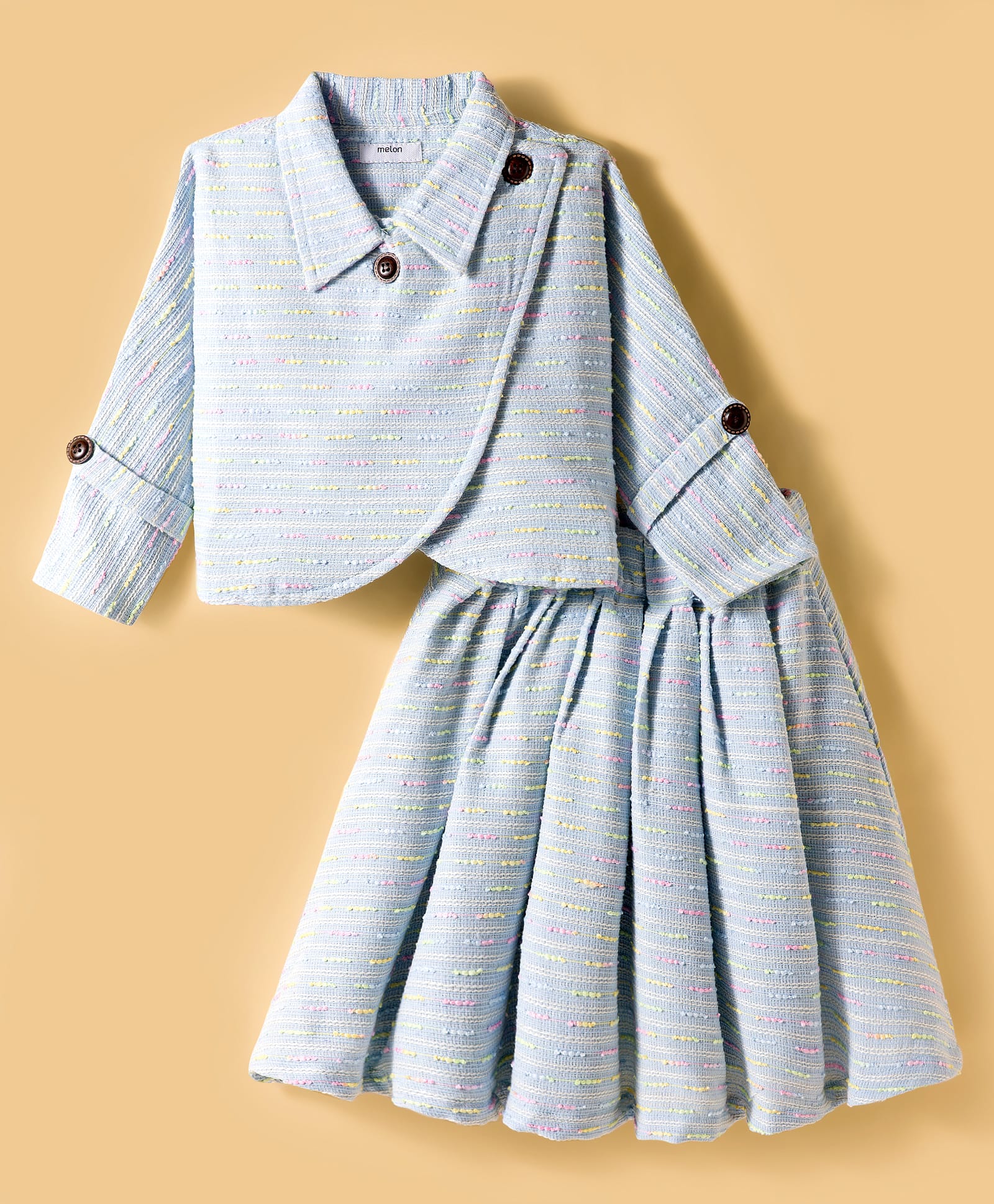 melon Tweed Woven Full Sleeves Winter Wear Striped Top & Skirt Set - Baby Pink-picture-3