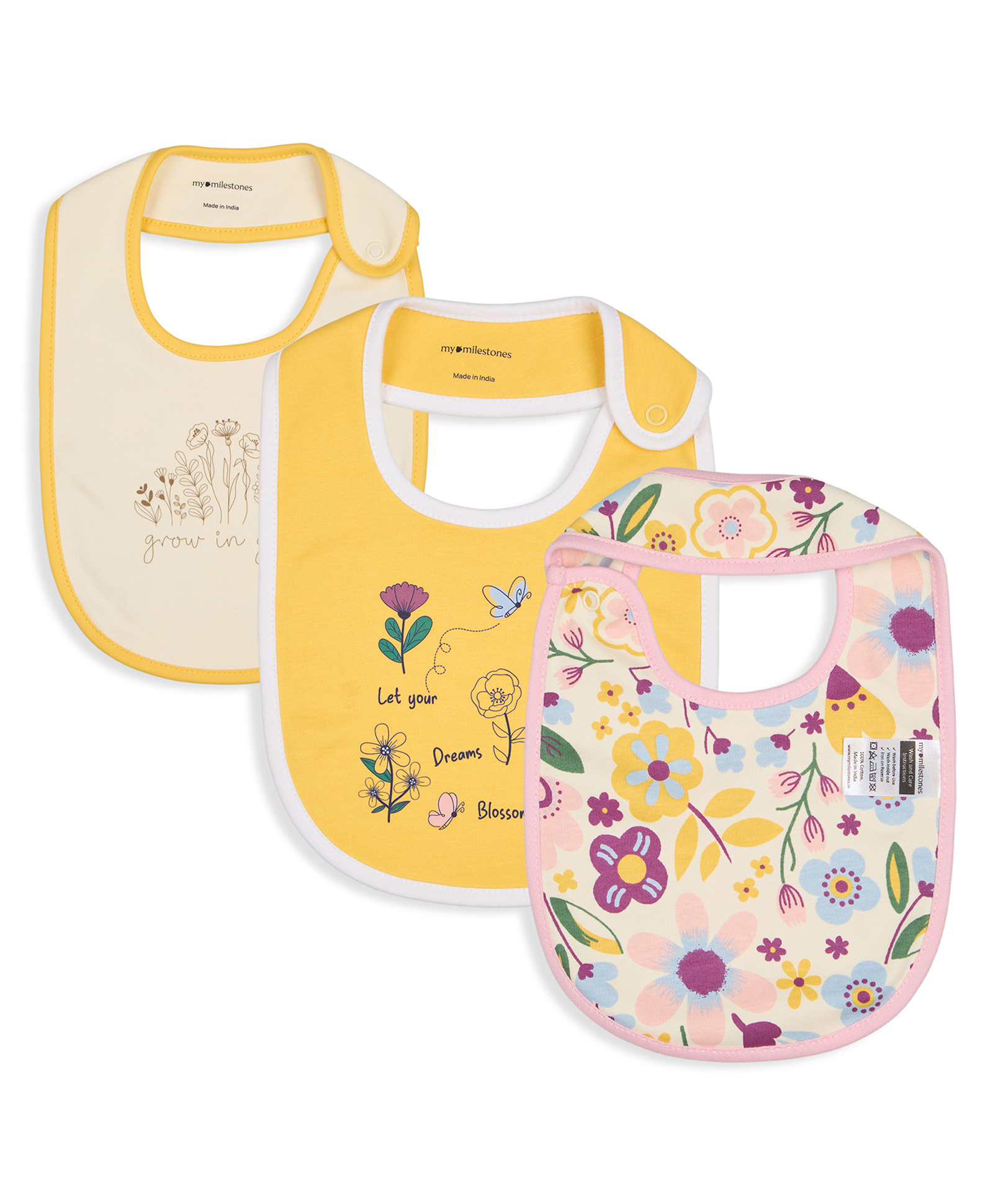My Milestones 100% Cotton Bibs Blooming Dales Prints for Baby Girls Pack of 3, Soft & Absorbent - Ecru & Yellow-picture-36