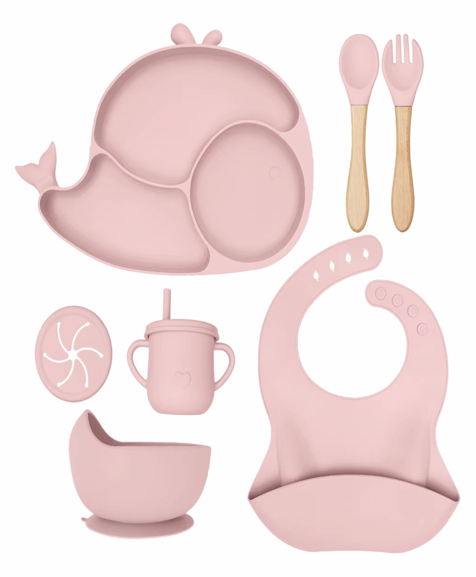 Kids Station 8 Piece BPA Free Silicone Baby Feeding Set Whale Design Includes Plate Bowl Spoon Fork Cup and More Safe Durable Easy to Clean Pink-image-43