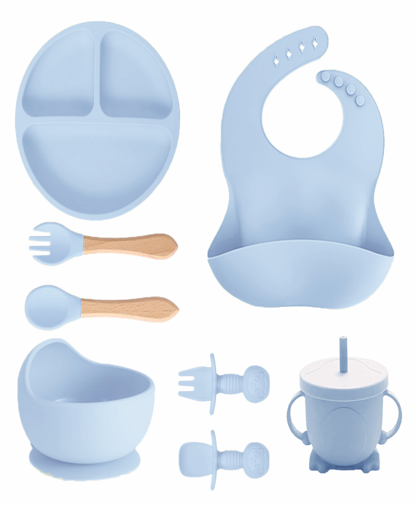Kids Station 8 Piece BPA Free Silicone Baby Feeding Set Normal Design Includes Plate Bowl Spoon Fork Cup and More Safe Durable Easy to Clean Blue-picture-18