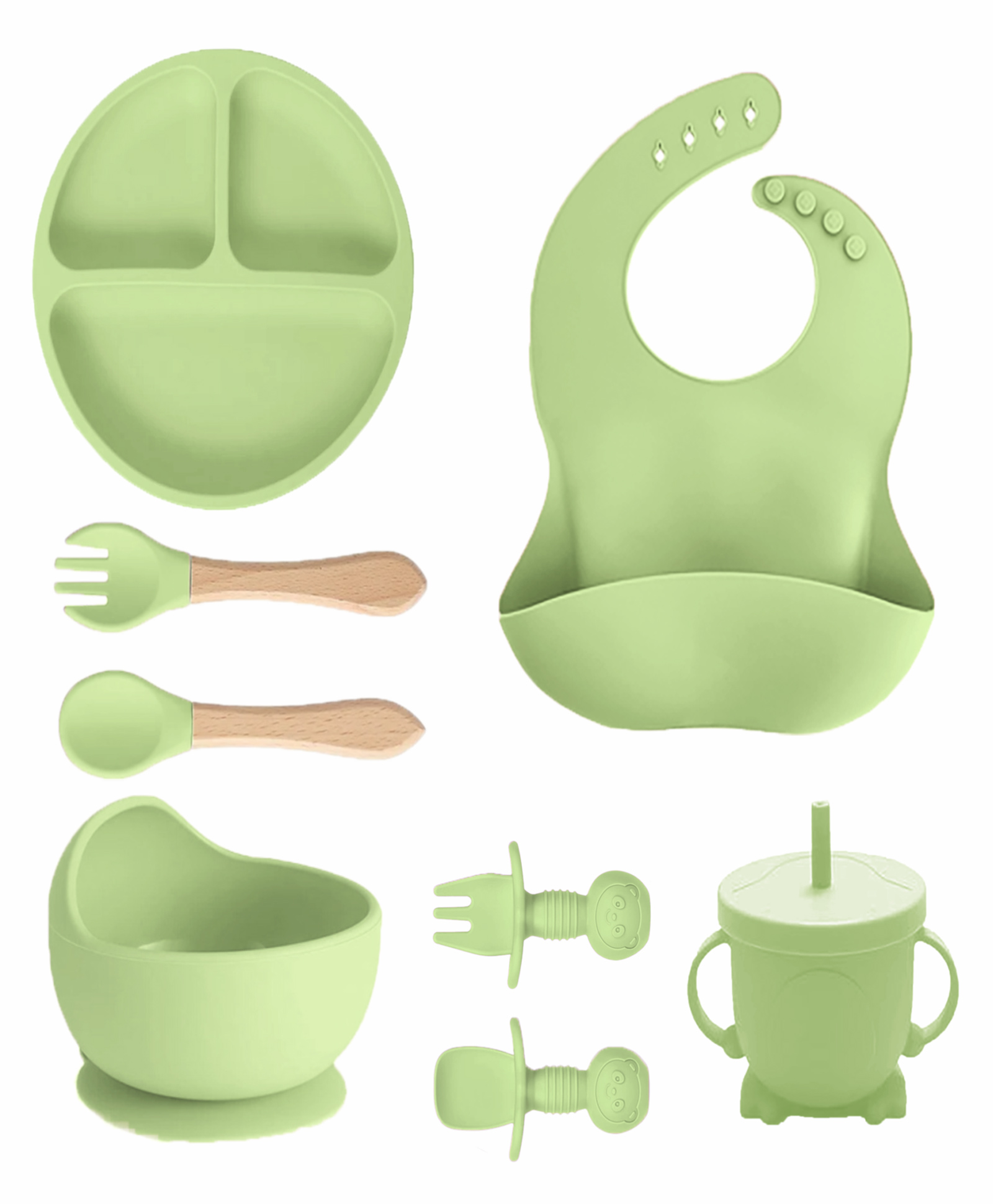 Kids Station 8 Piece BPA Free Silicone Baby Feeding Set Normal Design Includes Plate Bowl Spoon Fork Cup and More Safe Durable Easy to Clean Light Green-image-24