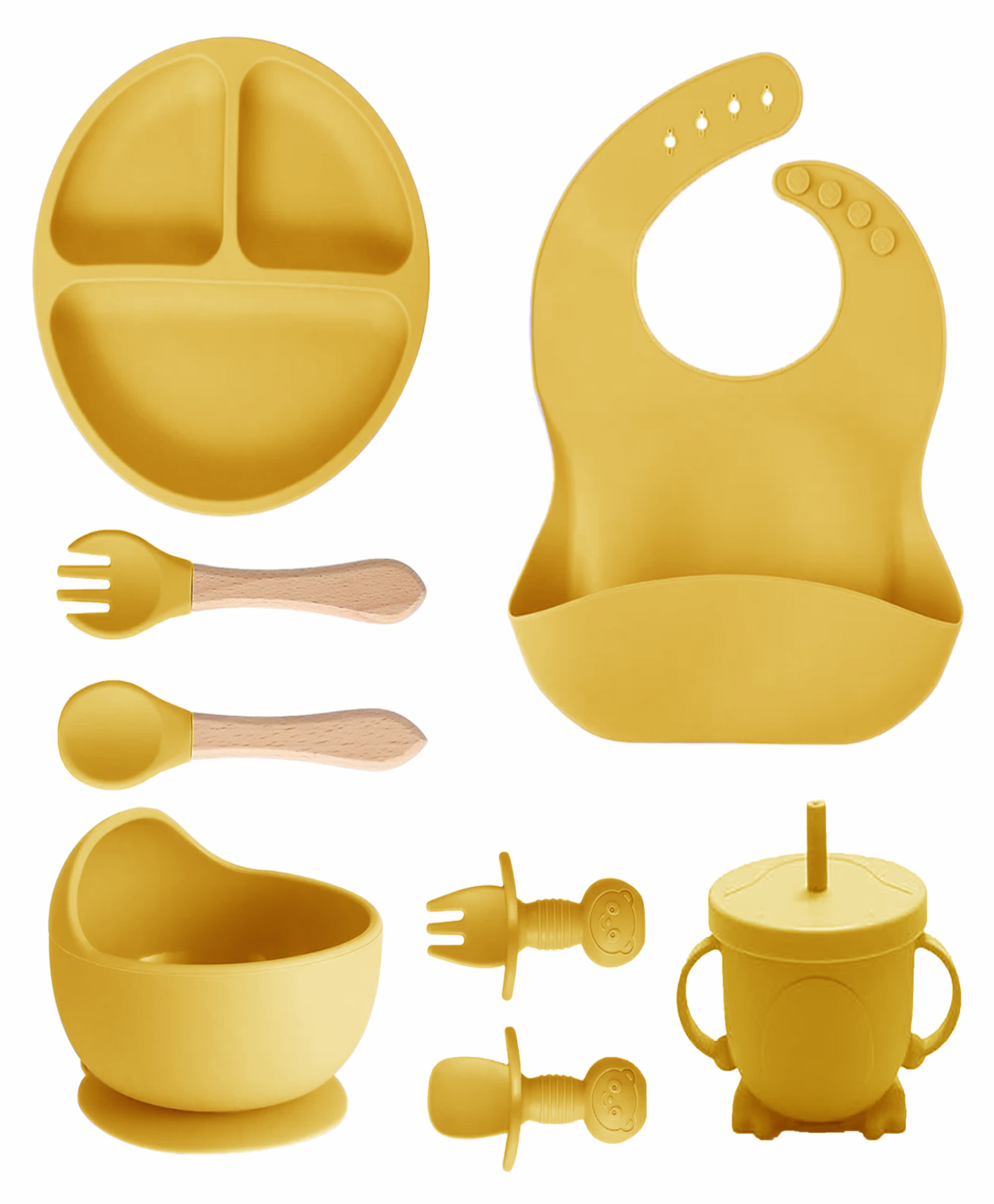Kids Station 8 Piece BPA Free Silicone Baby Feeding Set Normal Design Includes Plate Bowl Spoon Fork Cup and More Safe Durable Easy to Clean Yellow-image-22
