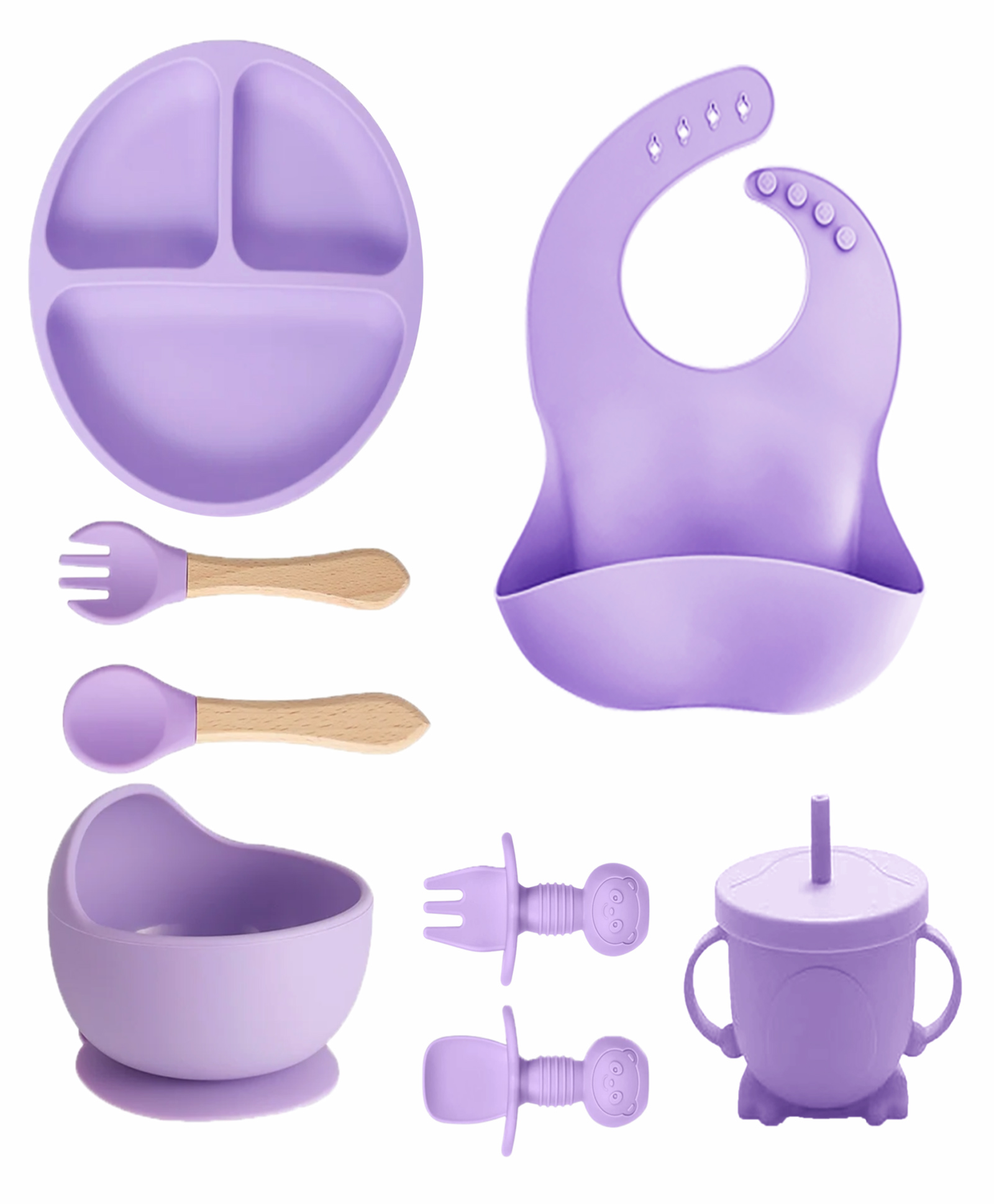 Kids Station 8 Piece BPA Free Silicone Baby Feeding Set Normal Design Includes Plate Bowl Spoon Fork Cup and More Safe Durable Easy to Clean Purple-image-47