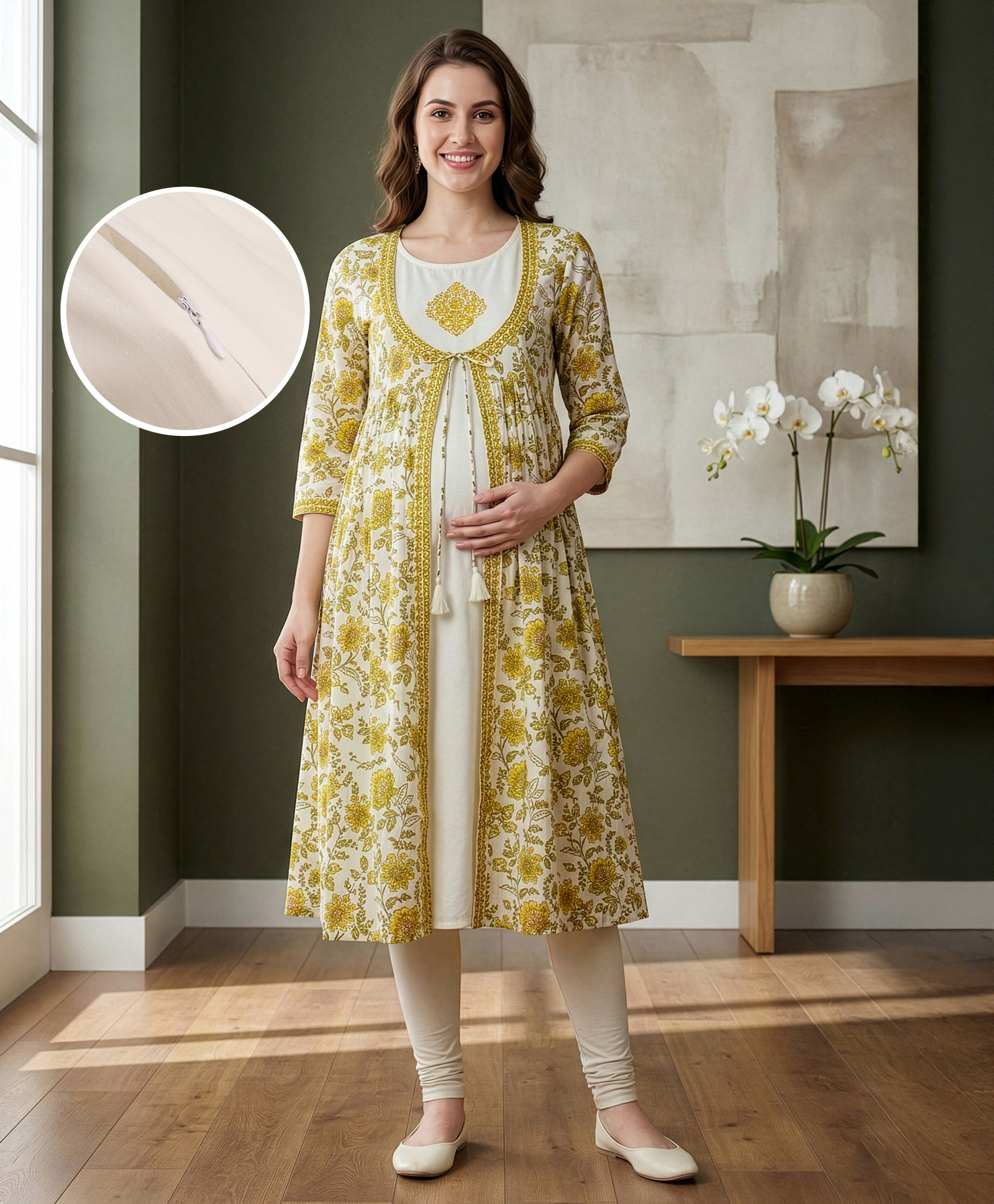 Bella Mama Woven Solid Embroidered Maternity Kurta With Three Fourth Sleeves Floral Printed Jacket - Yellow