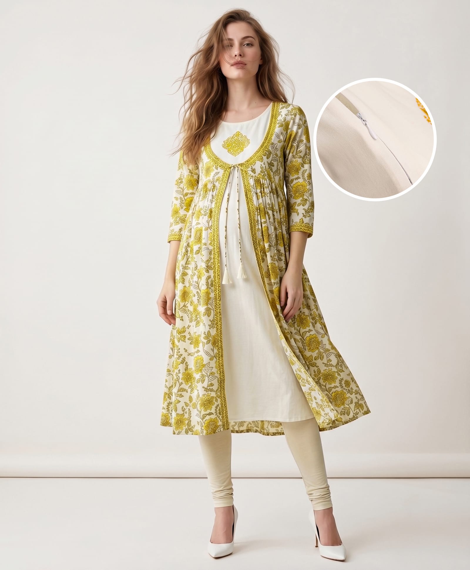 Bella Mama Woven Solid Embroidered Maternity Kurta With Three Fourth Sleeves Floral Printed Jacket - Yellow