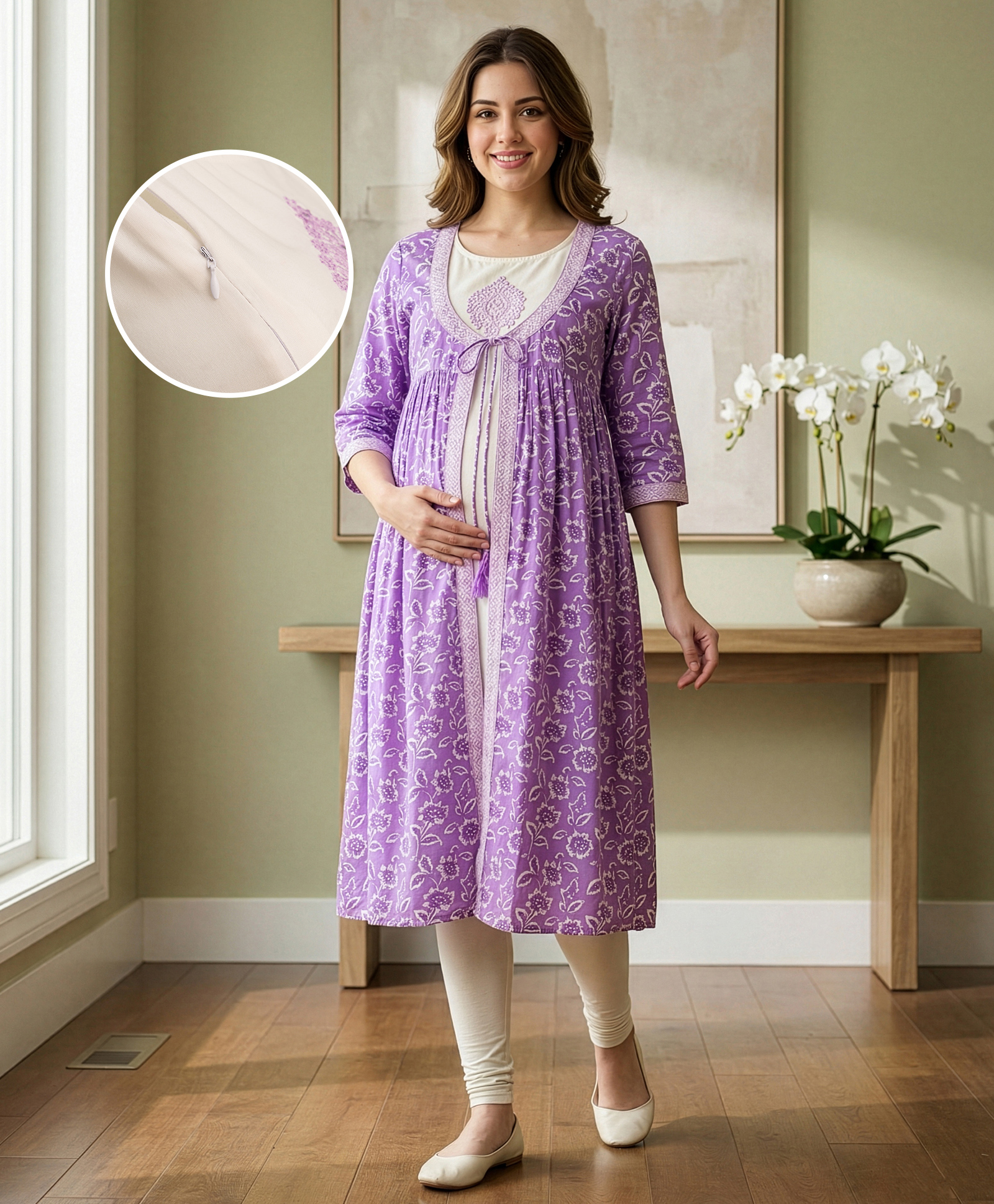 Bella Mama Woven Solid Embroidered Maternity Kurta With Three Fourth Sleeves Floral Printed Jacket - Lilac-image-7
