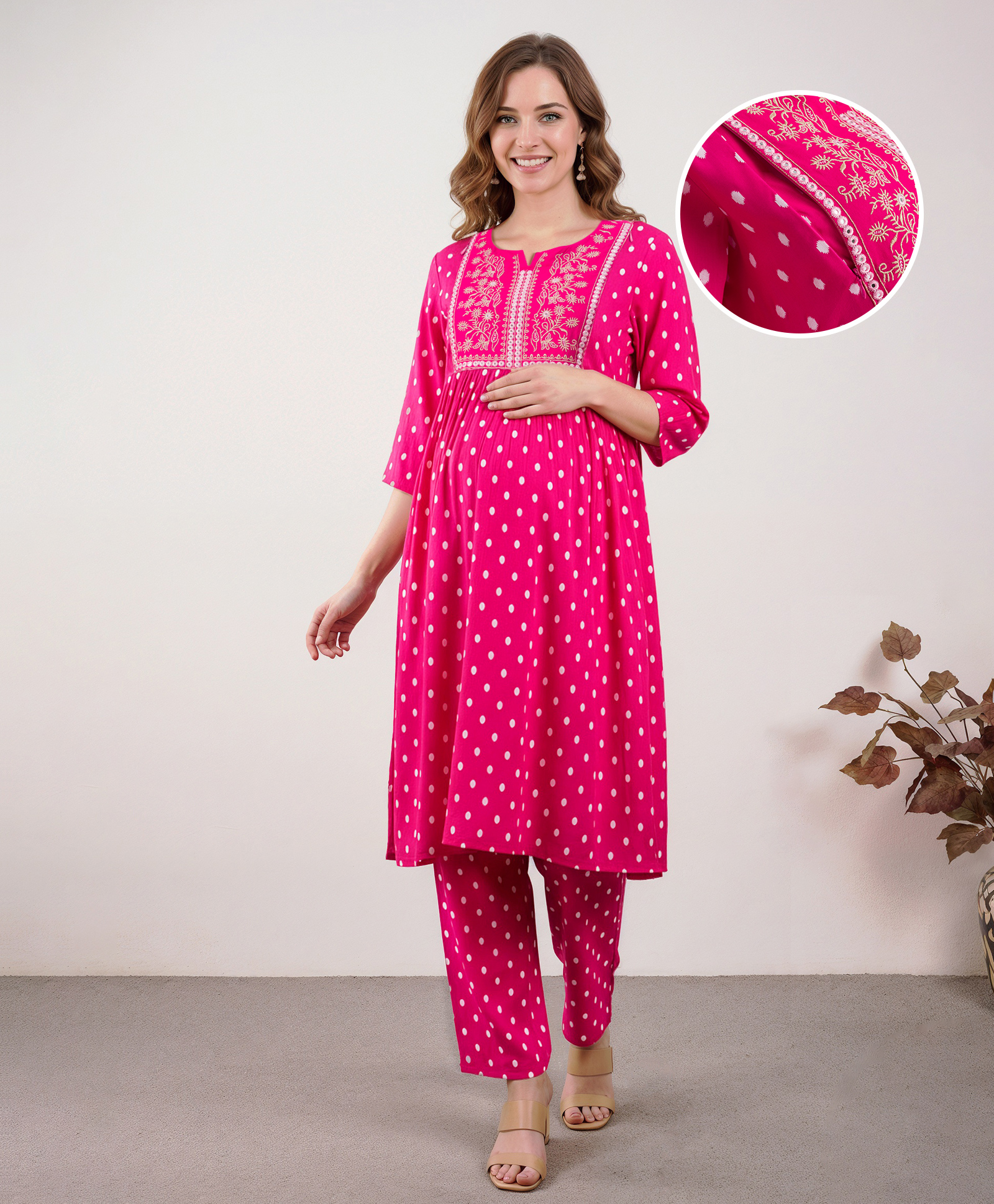 Bella Mama Woven Three Fourth Sleeves With Embroidered Yoke Maternity Suit Set - Pink