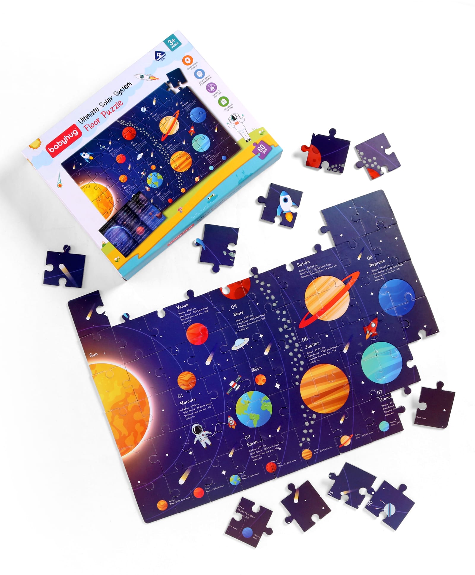 Babyhug Ultimate Solar System Floor Puzzle - 60 Pcs| Interactive Fact-Learning Jigsaw Puzzle| Booklet with 25 Fun Facts About Planets| Boost Critical Thinking and Spatial Awareness| BIS Certified