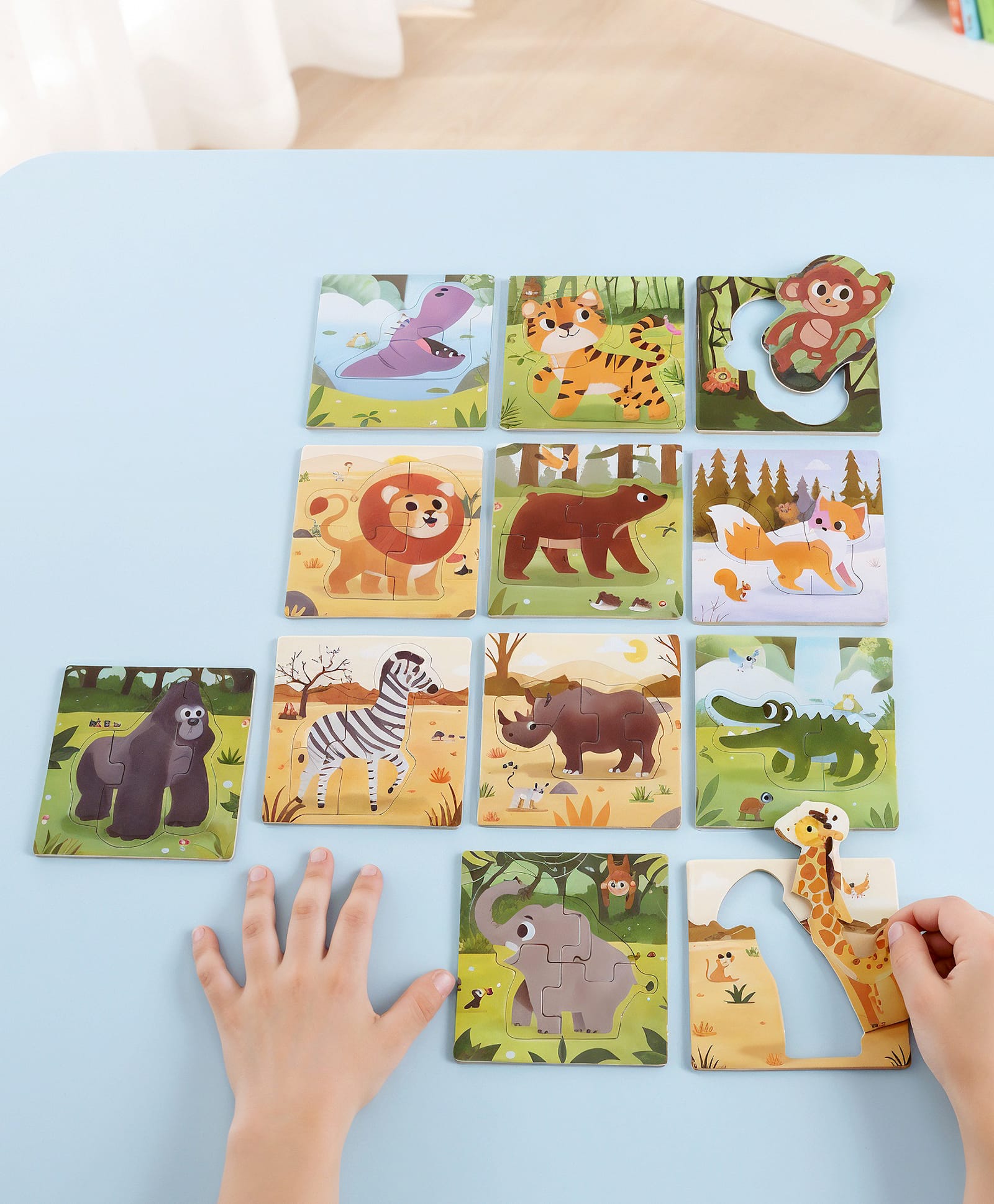 Babyhug Jungle Animal Puzzle Set Of 12 with 48 Pcs| 12 Beautifully Illustrated Animals| 3 Difficulty Levels| Improves Hand -Eye Coordination & Problem Solving| Bis Certified| Gifting Idea for 3+ yrs