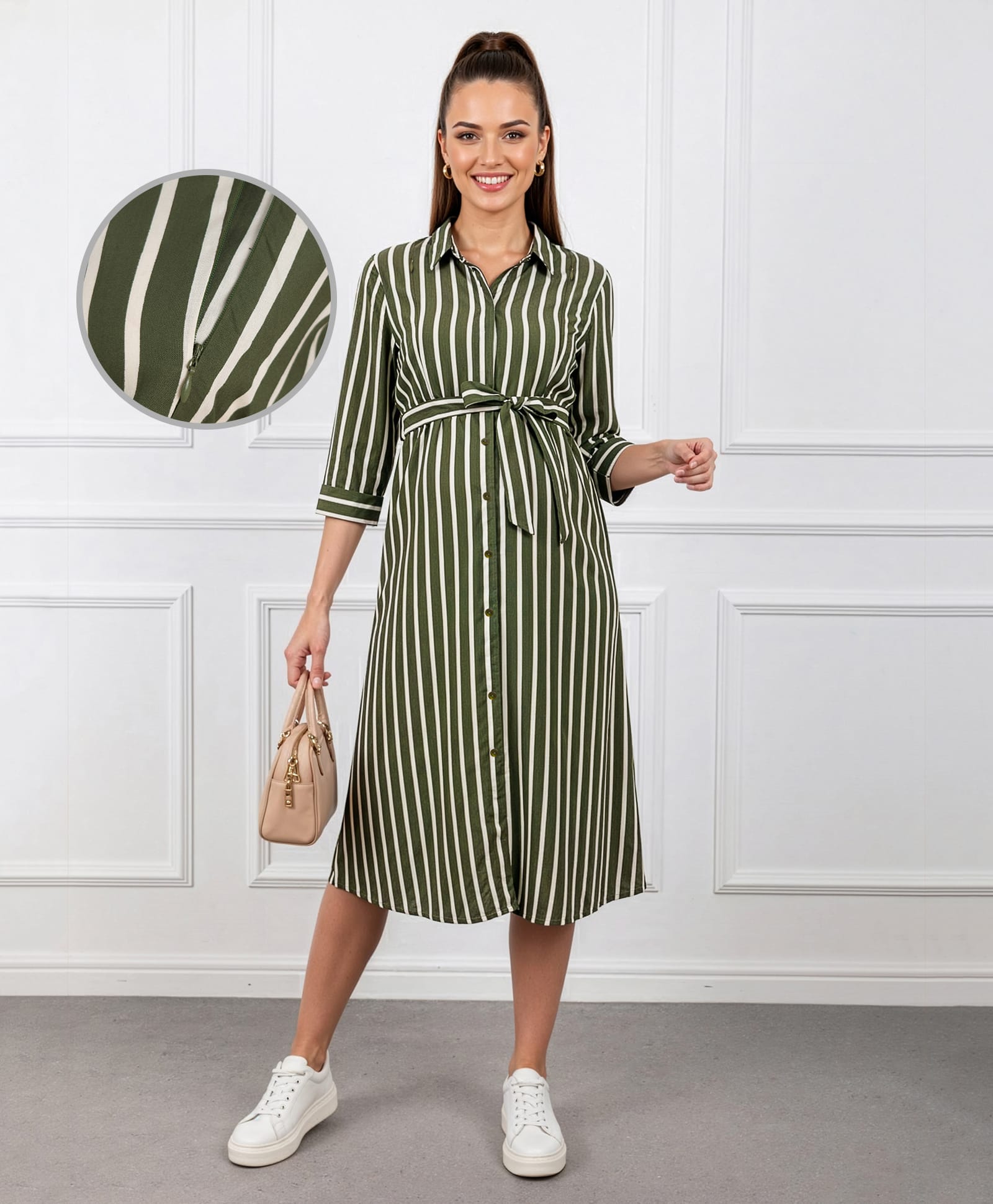 Bella Mama Woven Three Fourth Sleeves Shirt Maternity Dress With Stripes & Belt - Olive Green