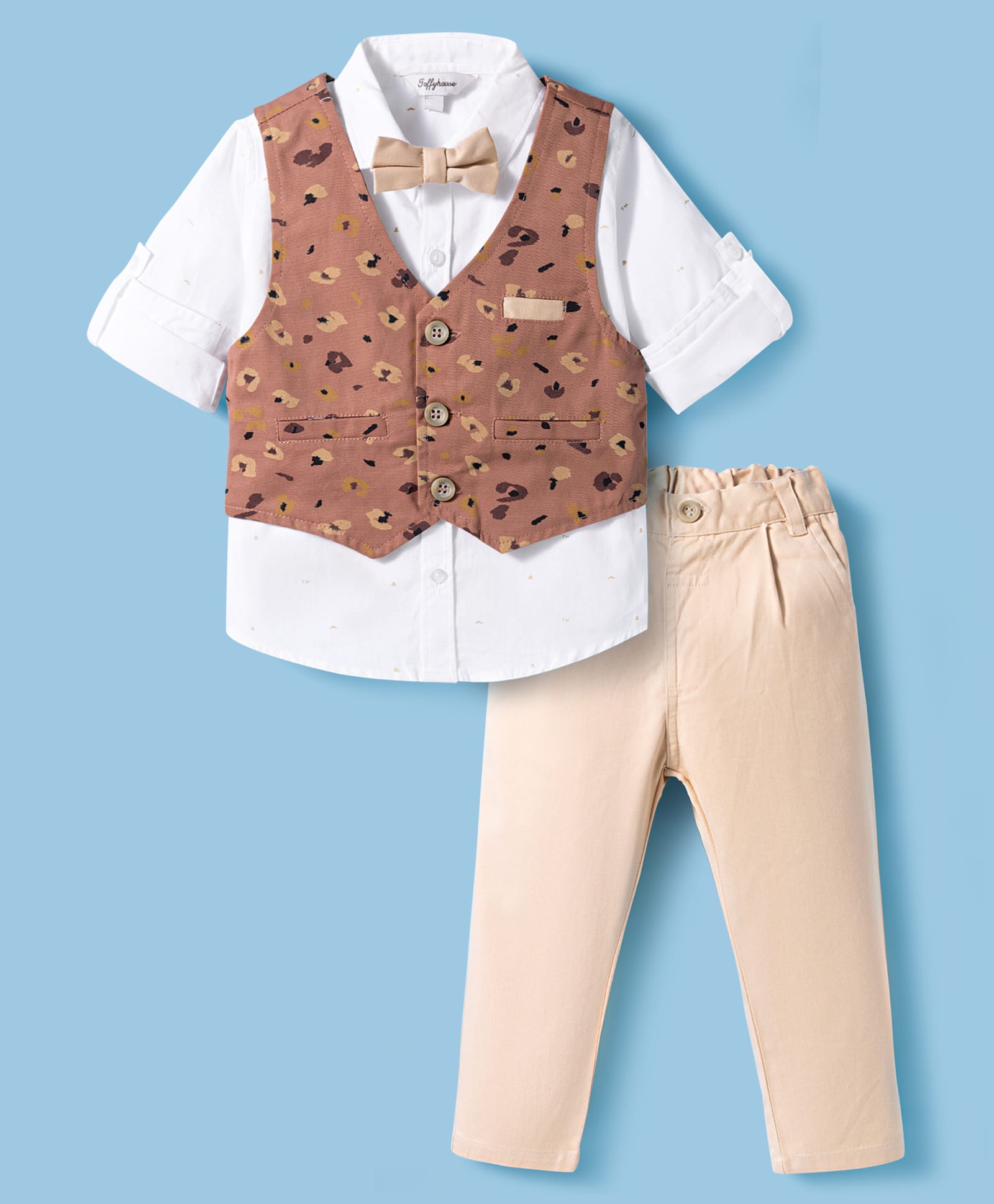 ToffyHouse Poplin Knit Full Sleeves Printed 3 Piece Party Suit with Bow Applique - Tan-image-19