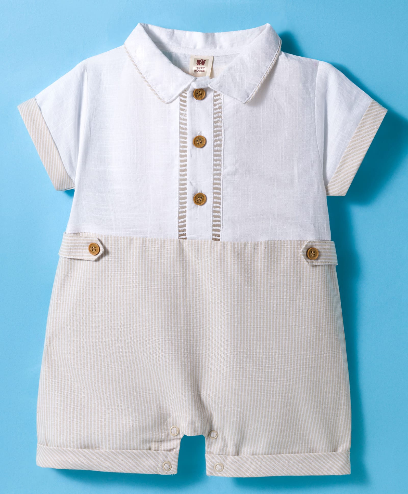 ToffyHouse Cotton Woven Half Sleeves Striped Romper With Bow Applique - Beige & White-image-15