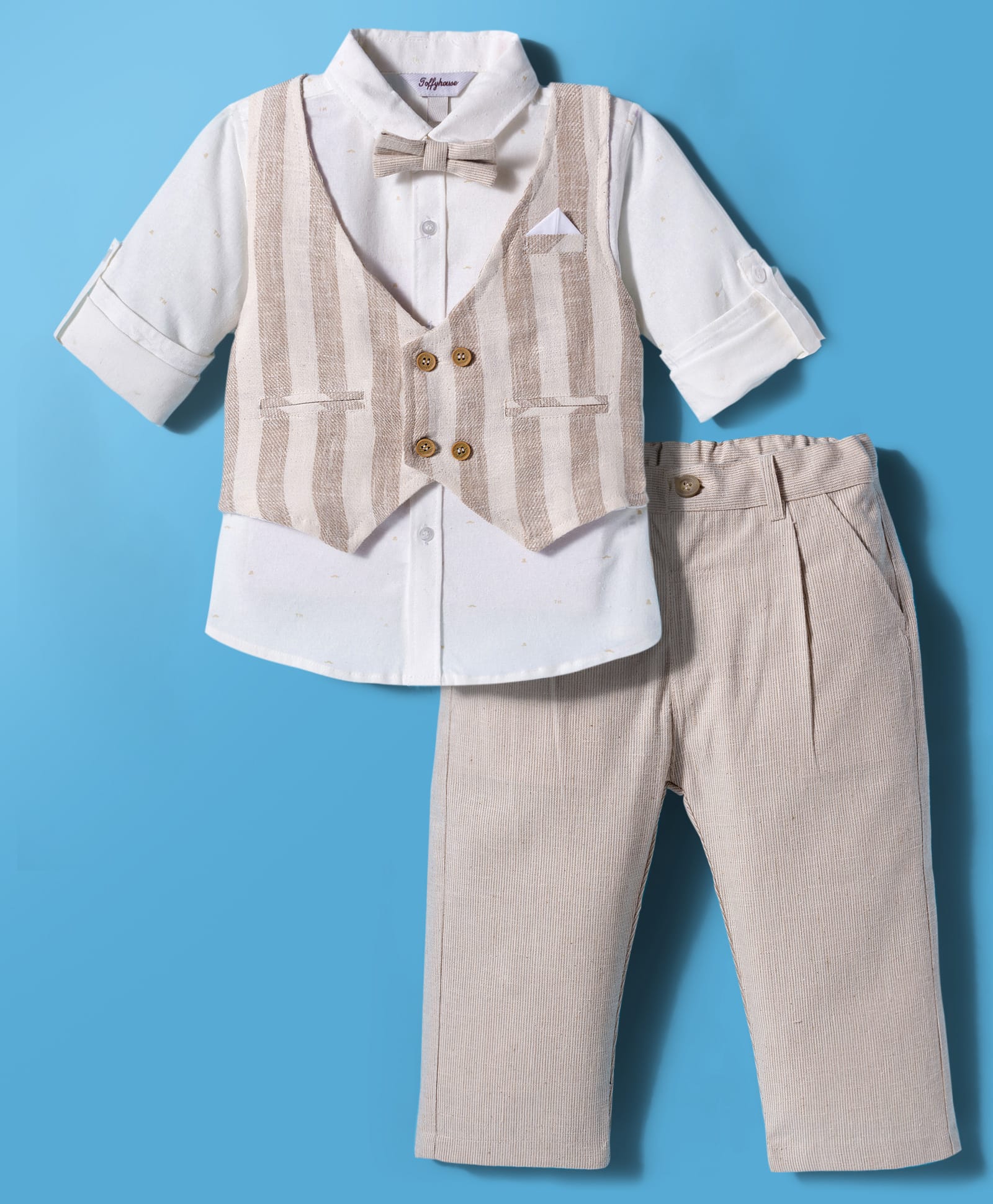 ToffyHouse Cotton Woven Full Sleeves Striped 3 Piece Party Suit with Bow - Beige-picture-19