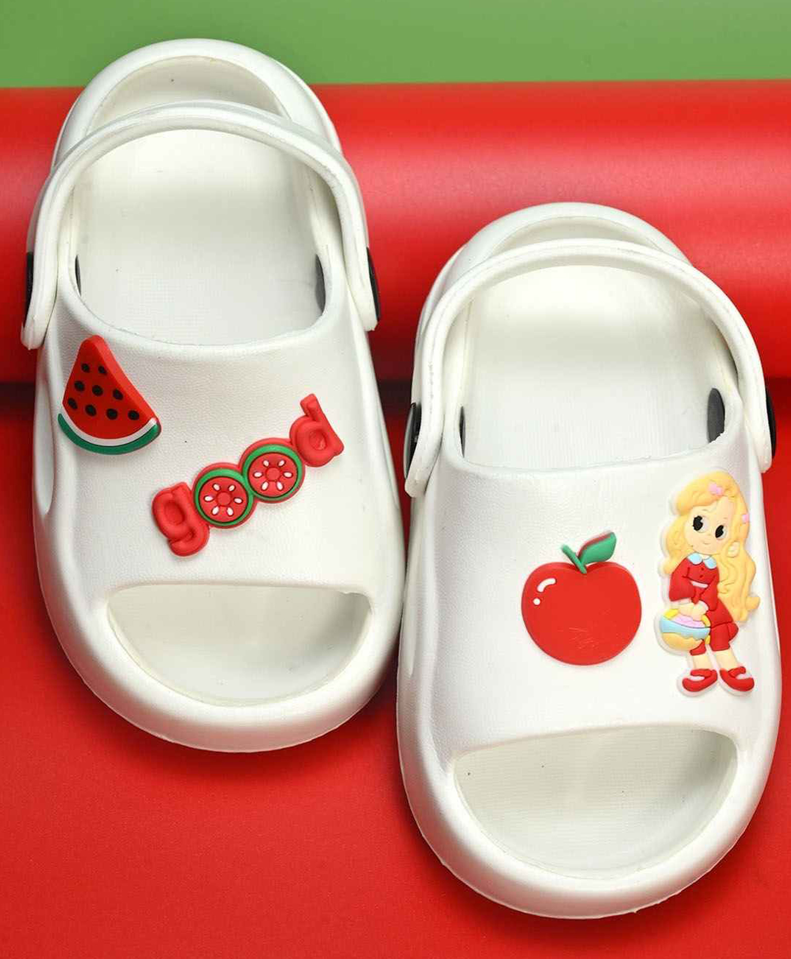 Yellow Bee Doll & Fruit Applique Detailed With Sling Back Clogs - White-picture-12