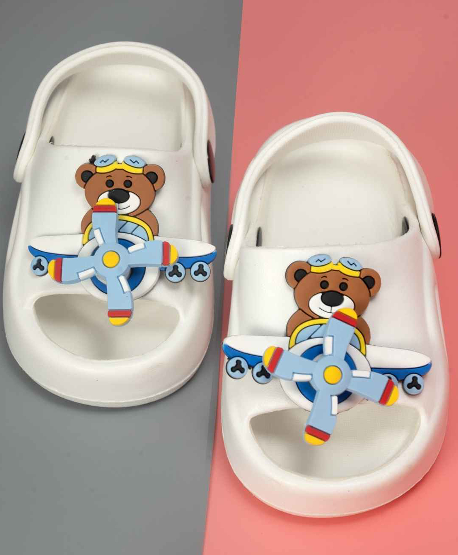 Yellow Bee Teddy Bear & Aeroplace Rotating Applique Detailed With Sling Back Clogs - White-image-7