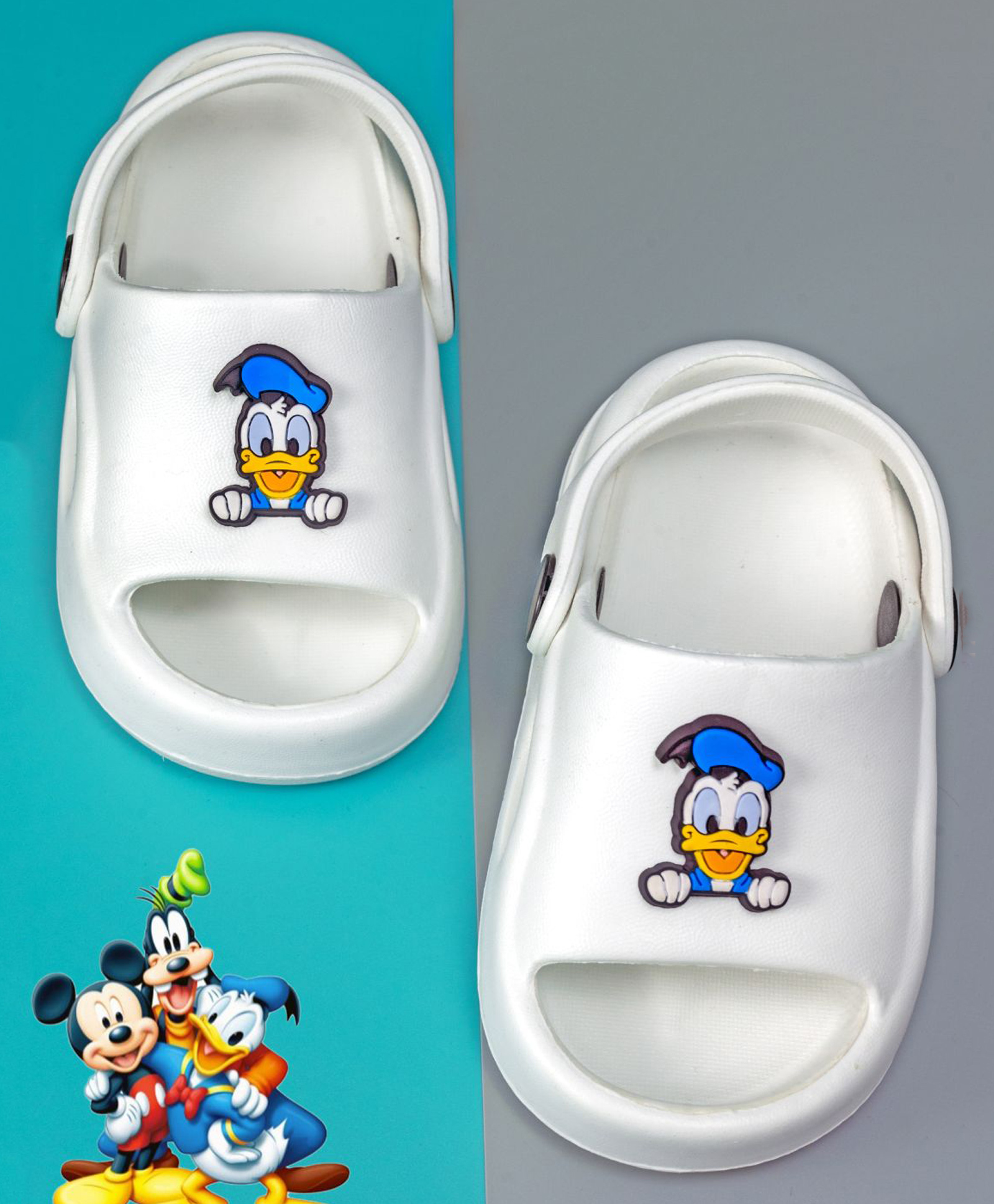 Yellow Bee Disney Mickey Mouse & Friends Featuring Donald Duck Applique Detailed Perforated Sling Back Clogs - White-picture-22