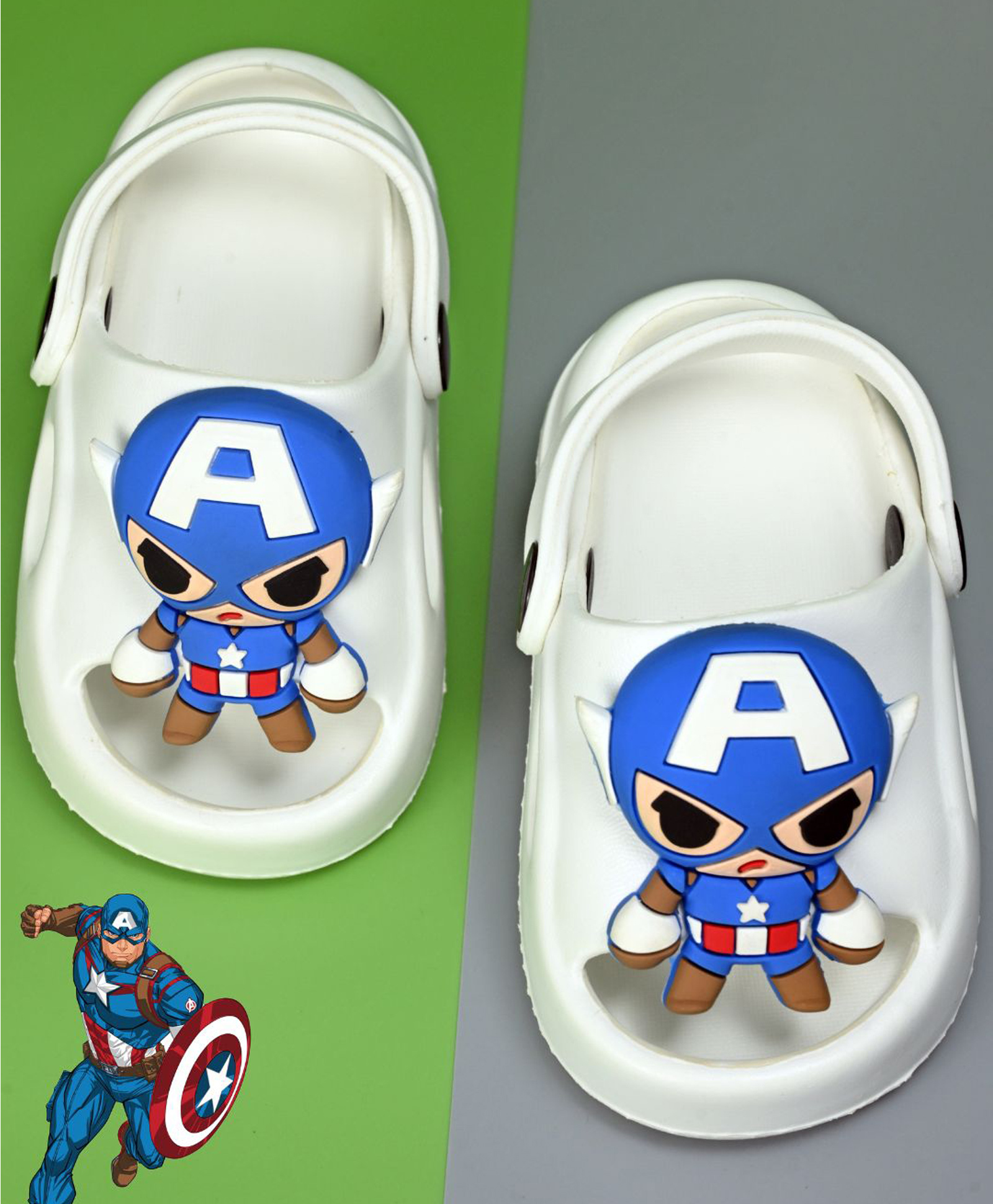 Yellow Bee Marvel Featuring Captain America 3D Applique Detailed Perforated Sling Back Clogs - White-image-36