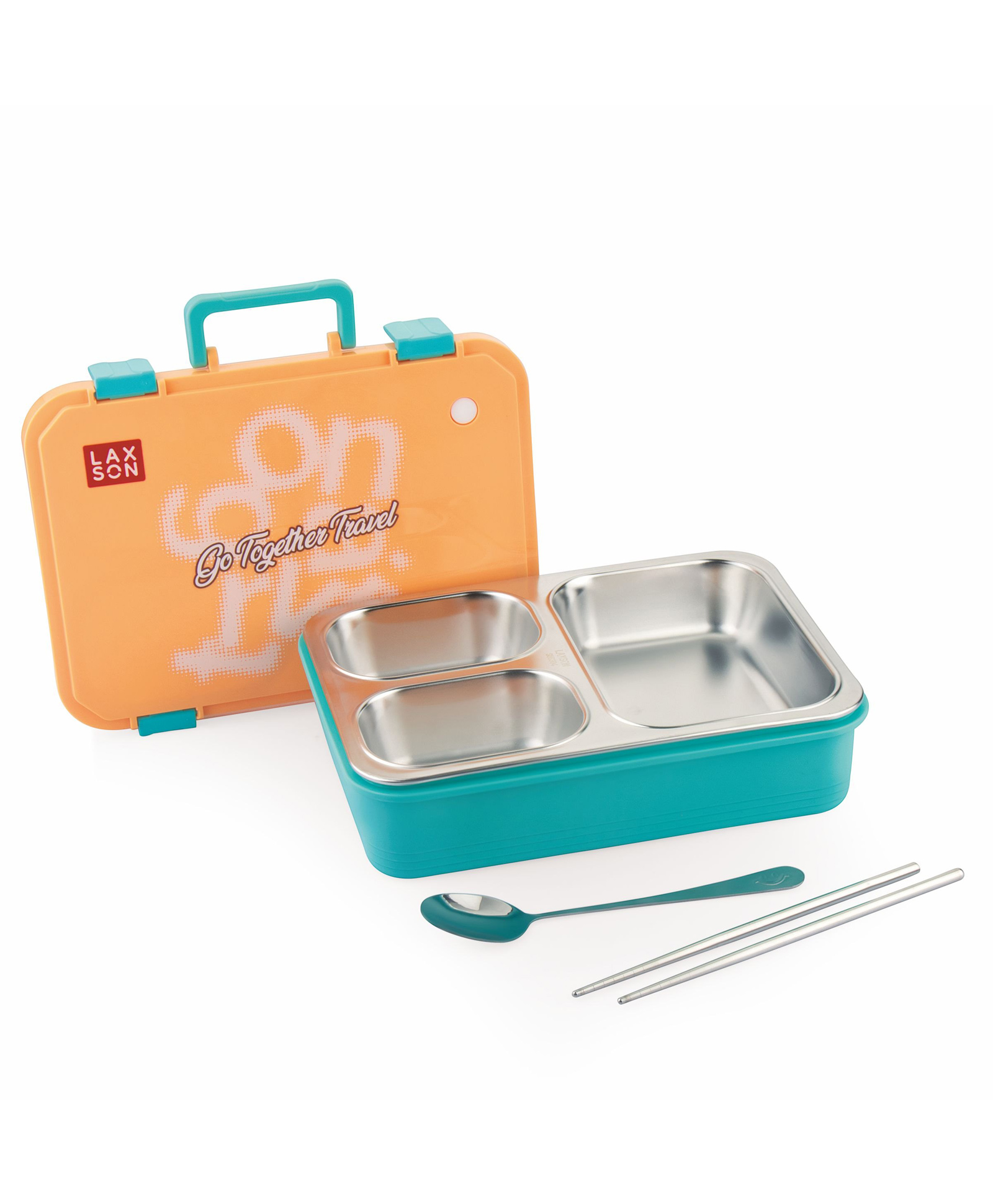 ATTRO Fun Bite Stainless Steel 3 Compartment Bento Lunch Box with Spoon Orange Blue - 850 ml-picture-29
