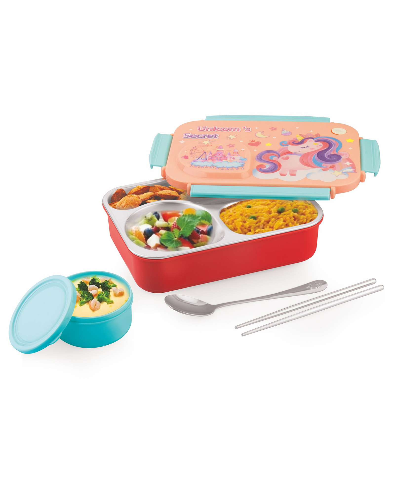 ATTRO School Bite Stainless Steel 3 Compartment Unicorn Theme Printed Lunch Box - Peach-picture-16