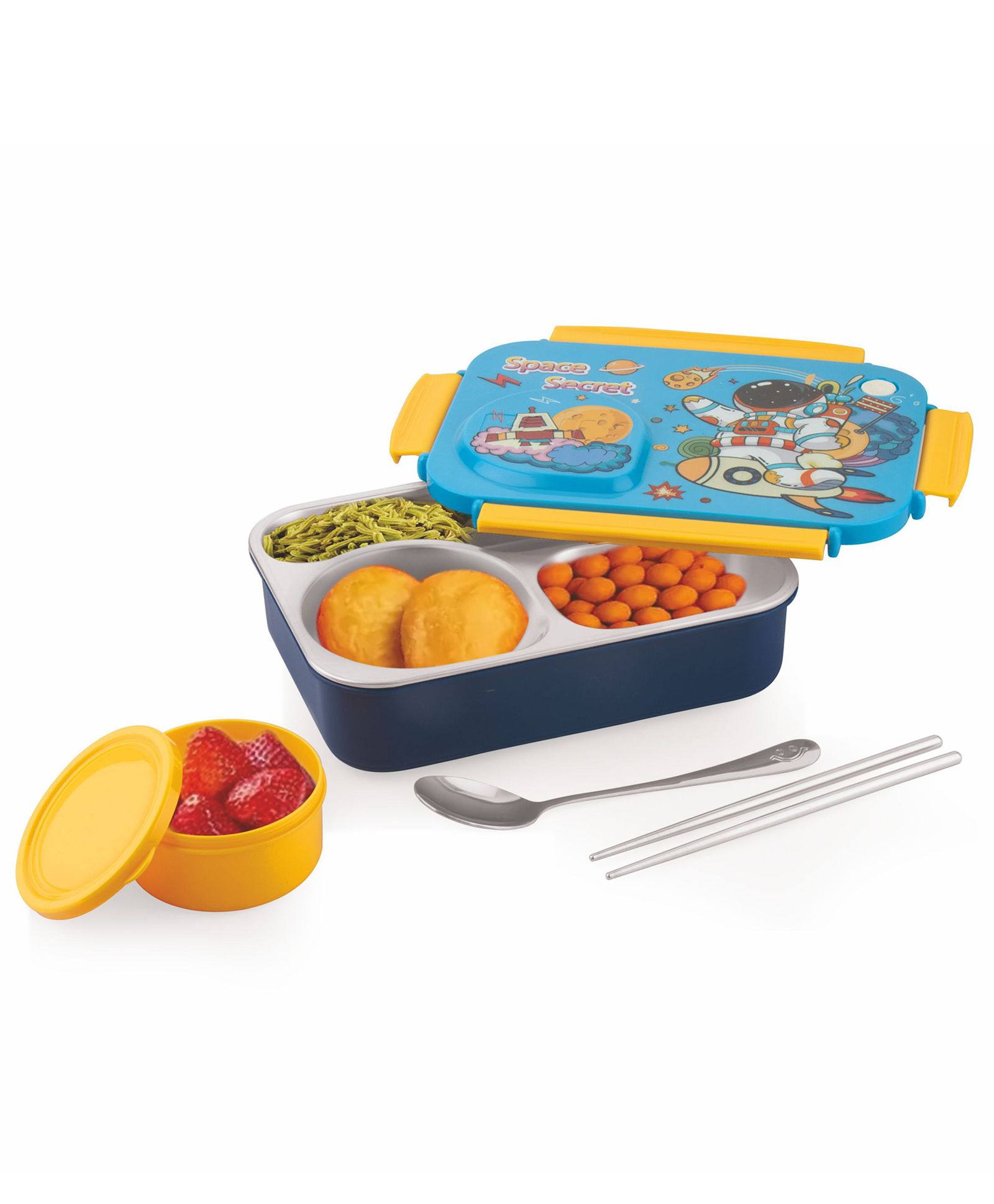 ATTRO School Bite Stainless Steel 3 Compartment Space Theme Printed Lunch Box - Blue-picture-13