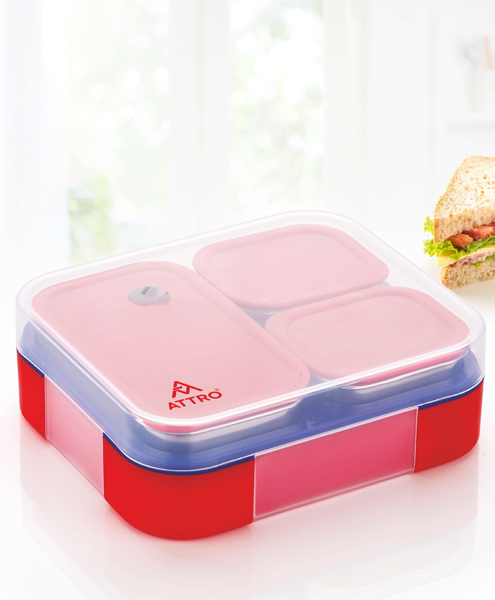 ATTRO Admire 3 Compartment Stainless Steel Lunch Box 850 ml - Cherry Red-picture-3
