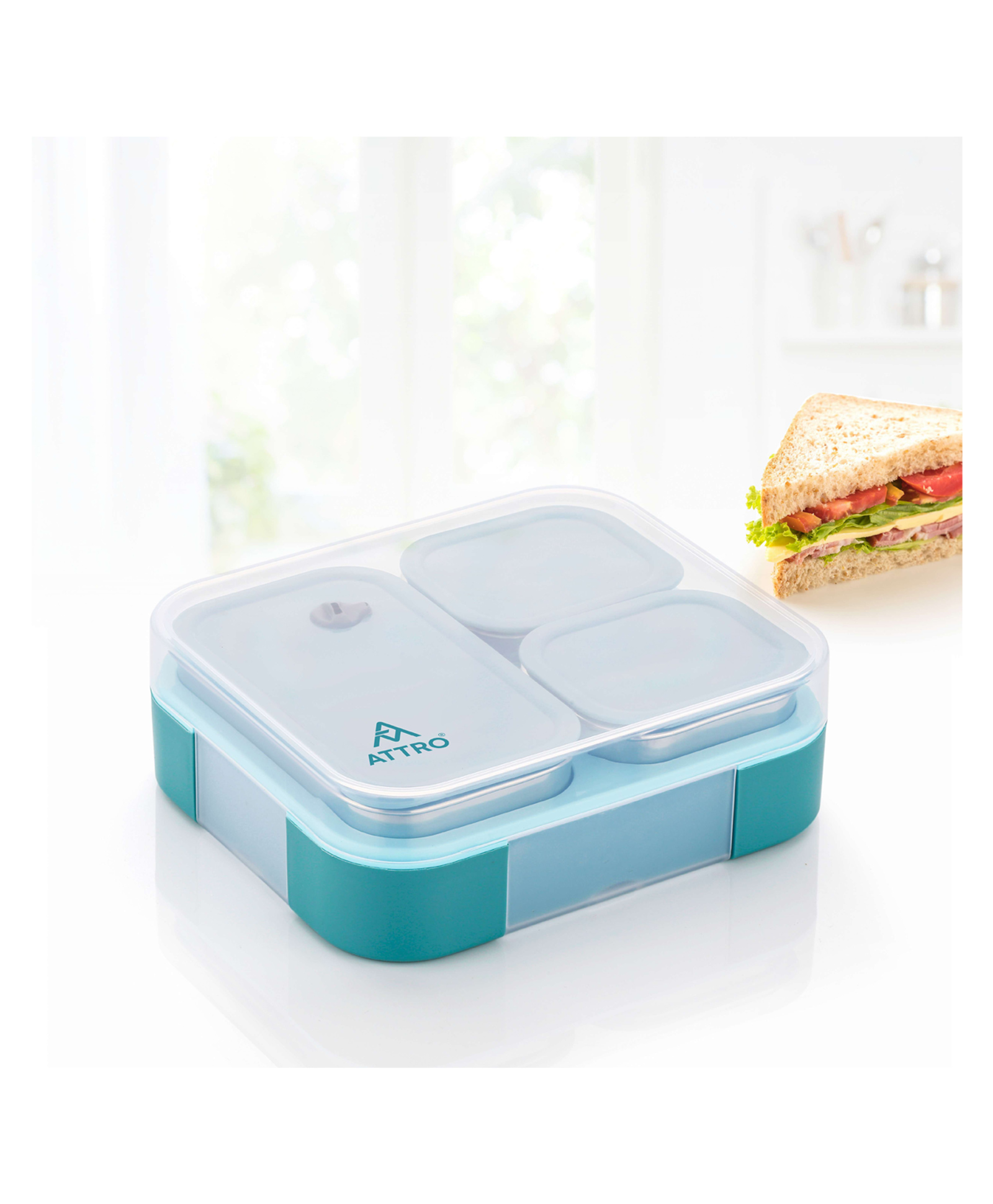 ATTRO Admire 3 Compartment Stainless Steel Lunch Box 800 ml - Aqua Blue-picture-38