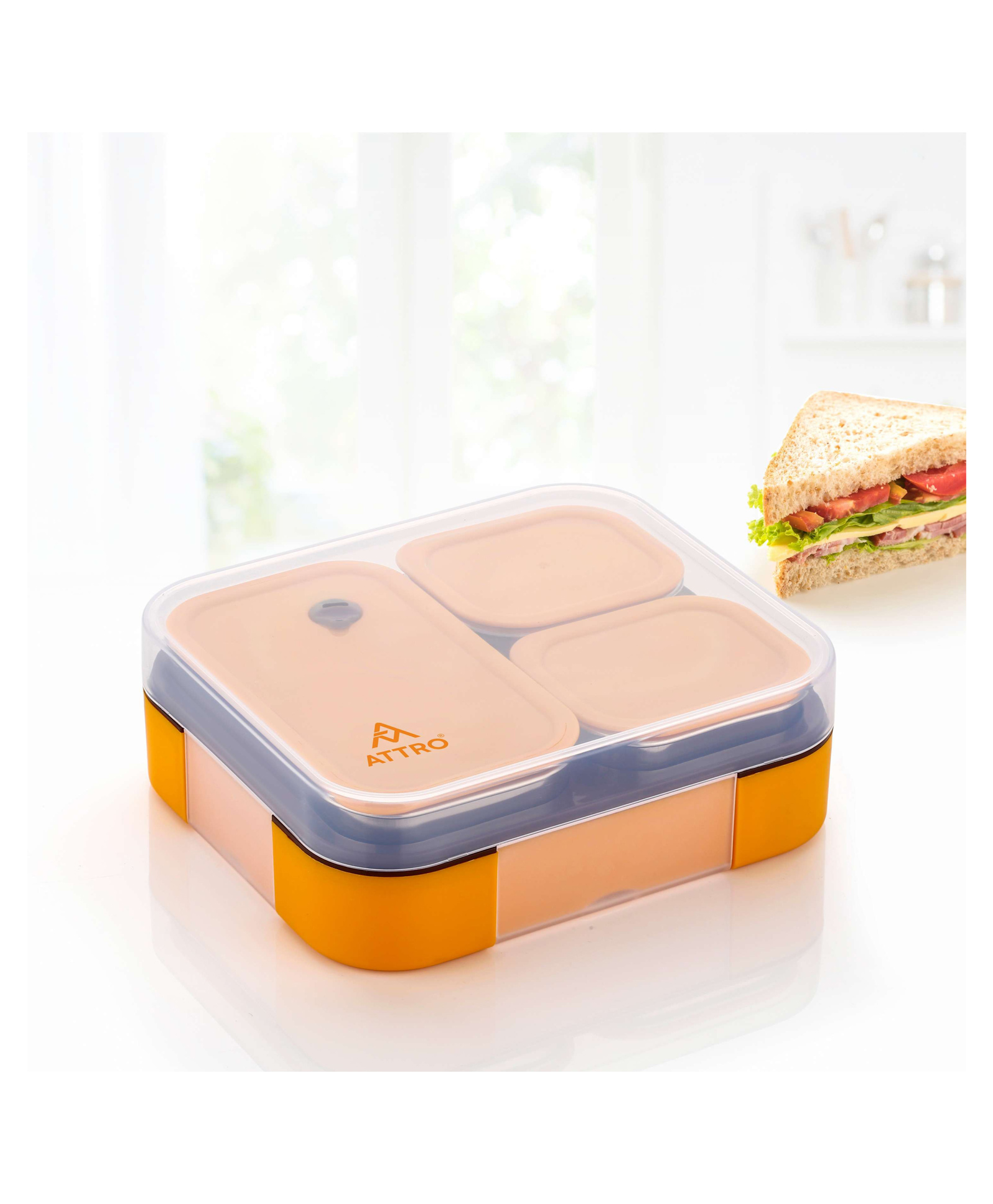 ATTRO Admire 3 Compartment Stainless Steel Lunch Box 800 ml - Tangy Orange-picture-45