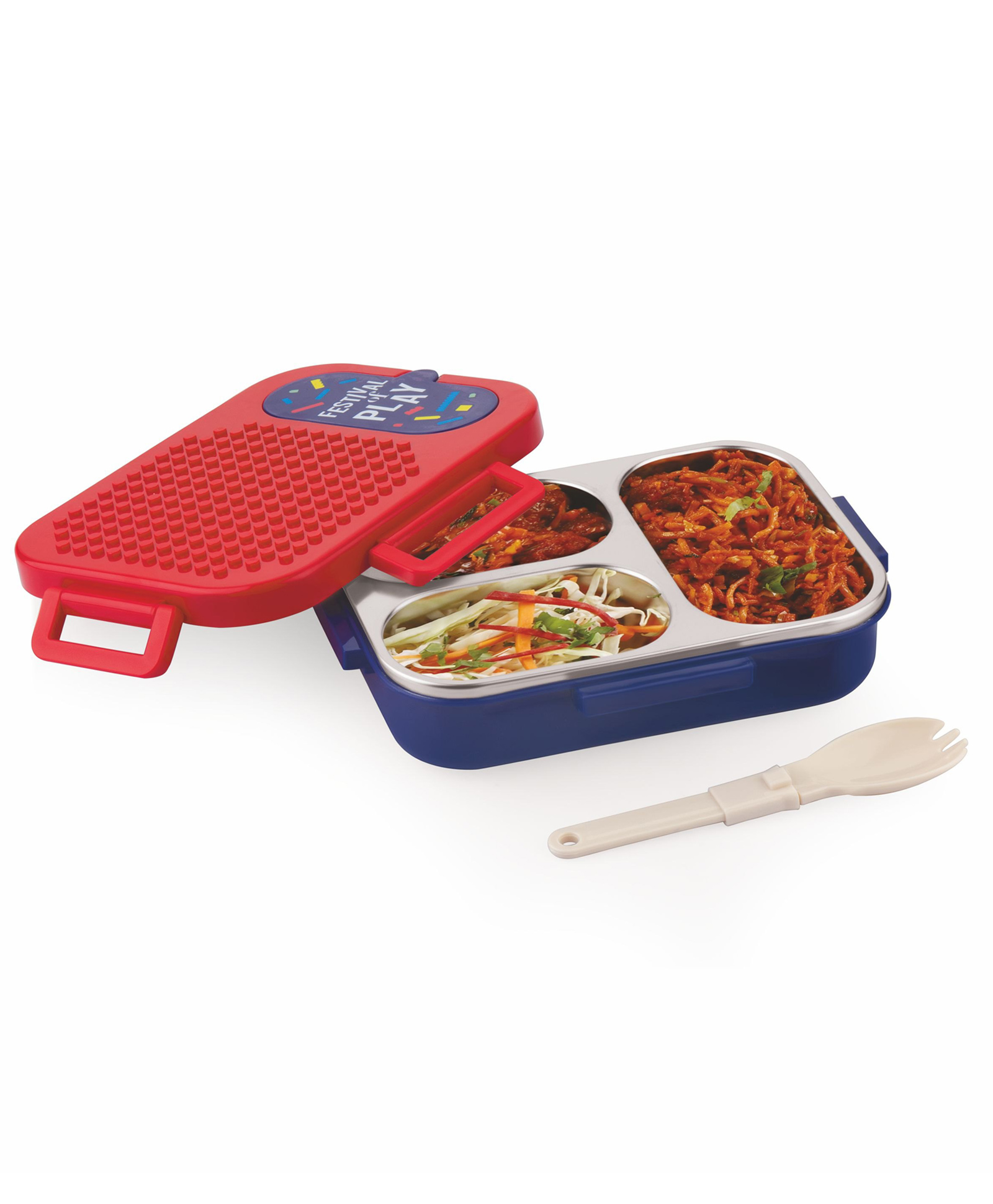 ATTRO Brike Mate 3 Compartment Stainless Steel Kids Lunch Box with Spoon 400 ml - Blue & Red-picture-6
