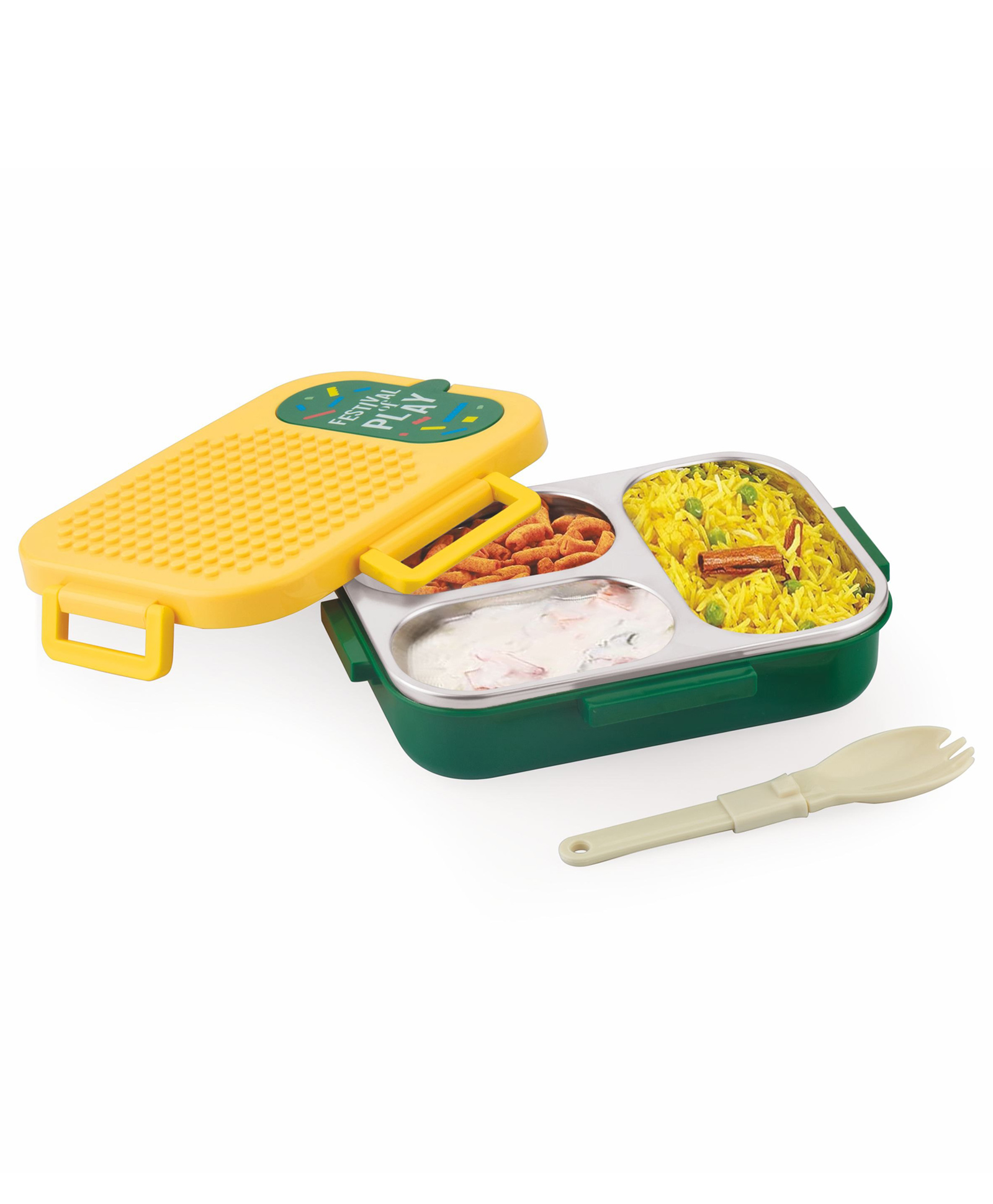 ATTRO Brike Mate 3 Compartment Stainless Steel Kids Lunch Box with Spoon Yellow Green - 600 ml-picture-17