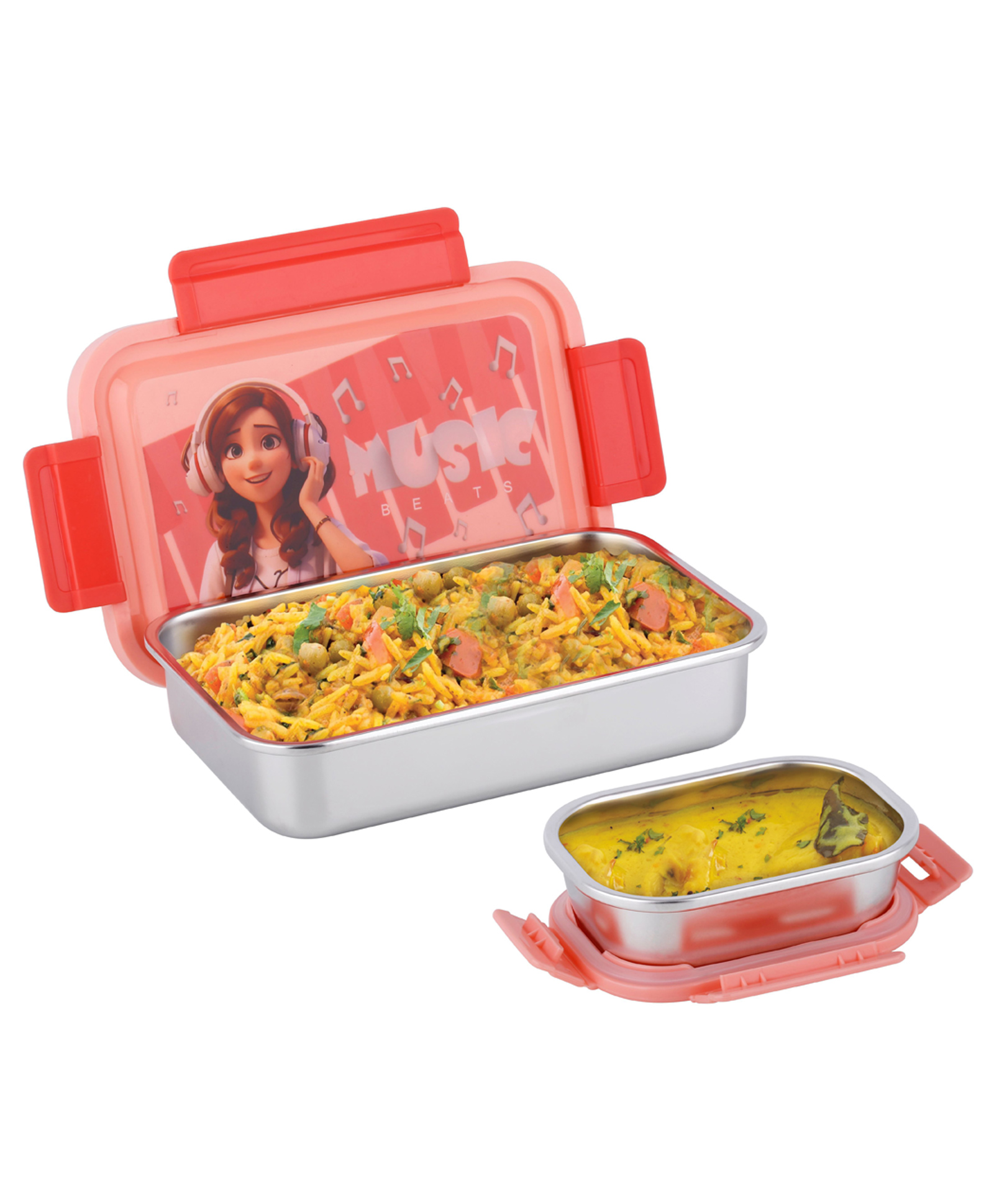 ATTRO Nutri Meal Kids Stainless Steel Lunch Box Airtight with Small Container - Pink-picture-47