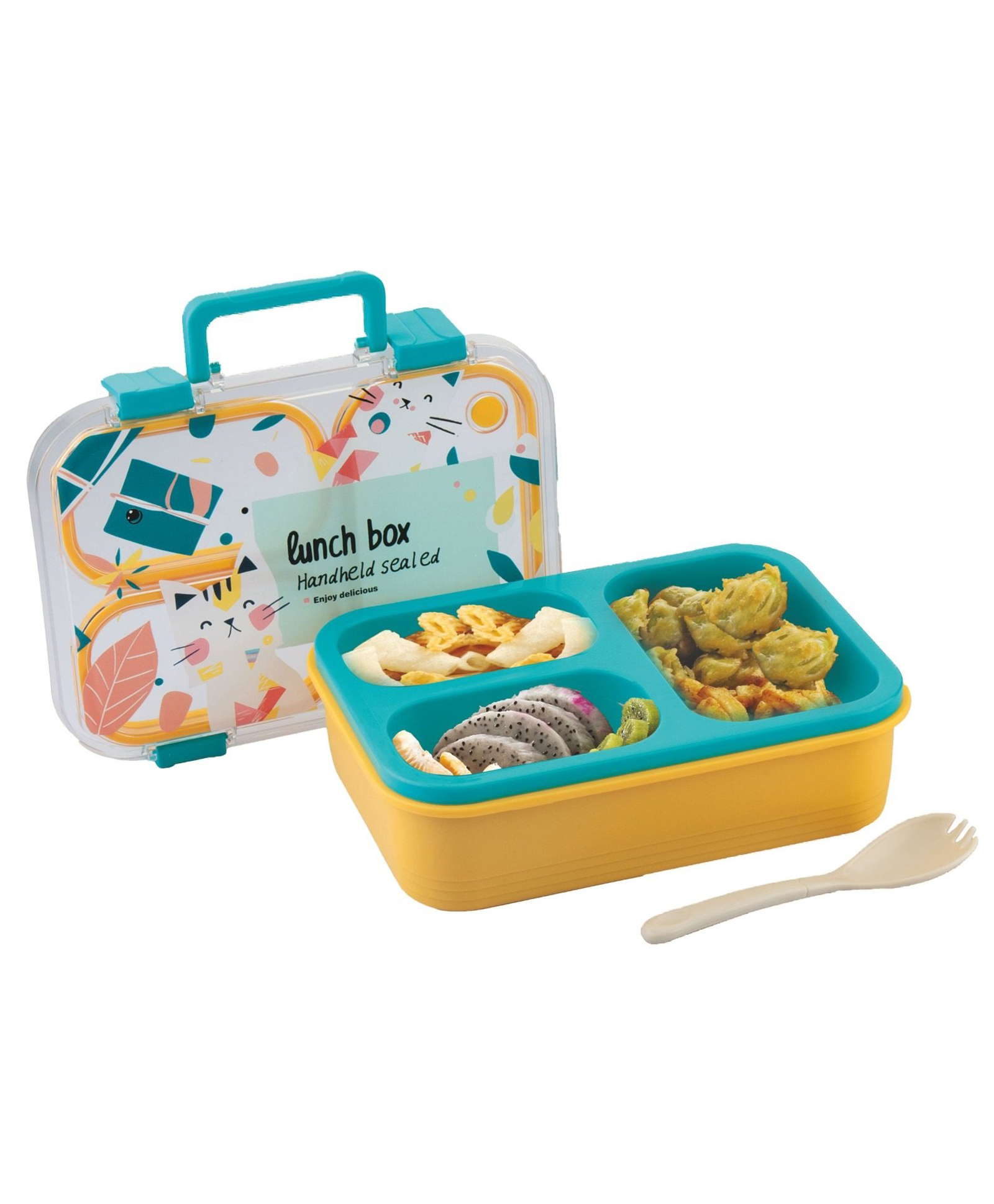 ATTRO Kitty Kart Kids Plastic Lunch Box 3 Compartments Leak-Proof with Spoon Blue Orange - 800 ml-picture-15