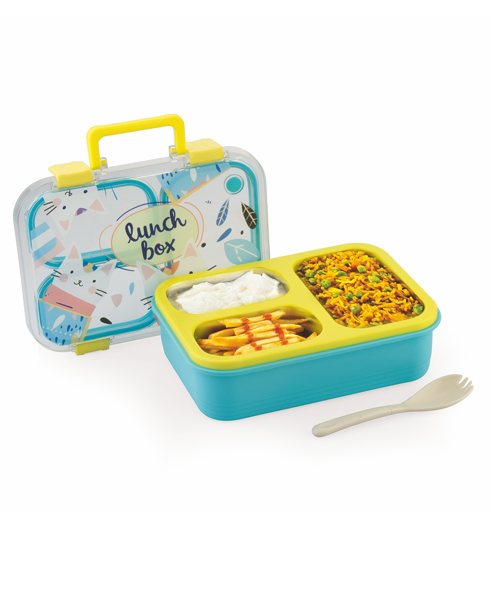 ATTRO Kitty Kart Kids Plastic Lunch Box 3 Compartments Leak-Proof with Spoon Yellow Blue - 800 ml-picture-10