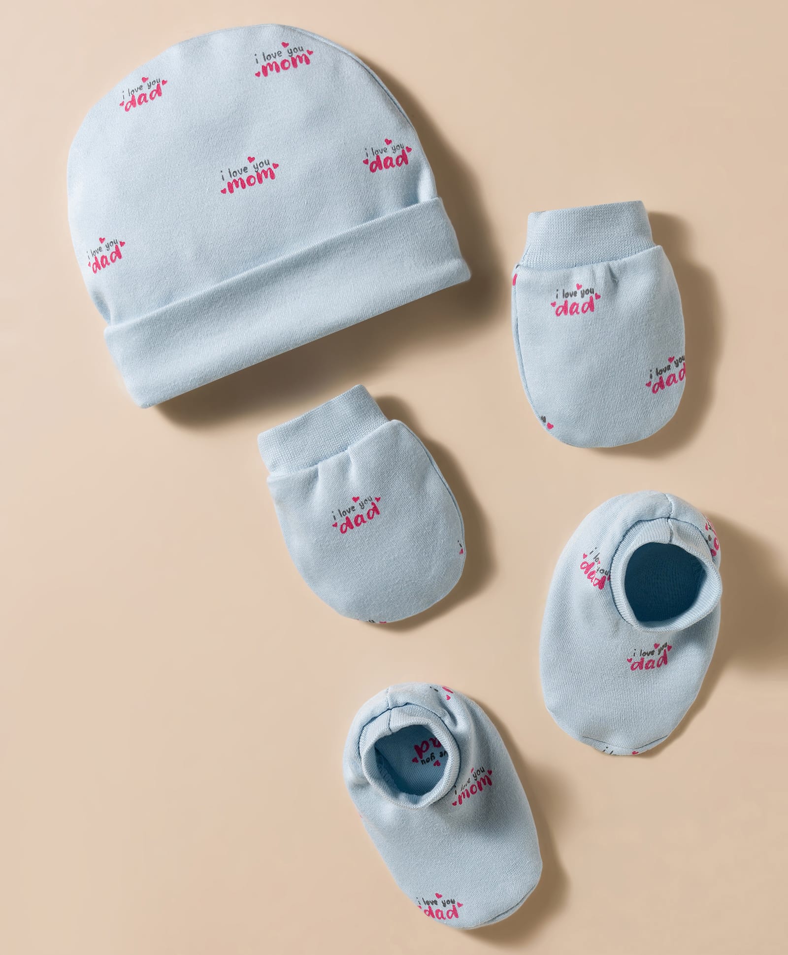 Simply Interlock Knit Cap Mittens & Booties Set with Text Print Light Blue - Diameter 9.5 cm-picture-24