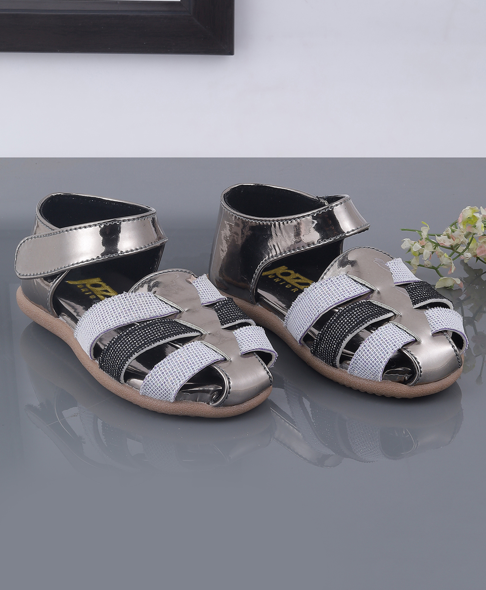 Jazzy Juniors Shimmer Detailed Velcro Closure Sandals - Gunmetal-image-7