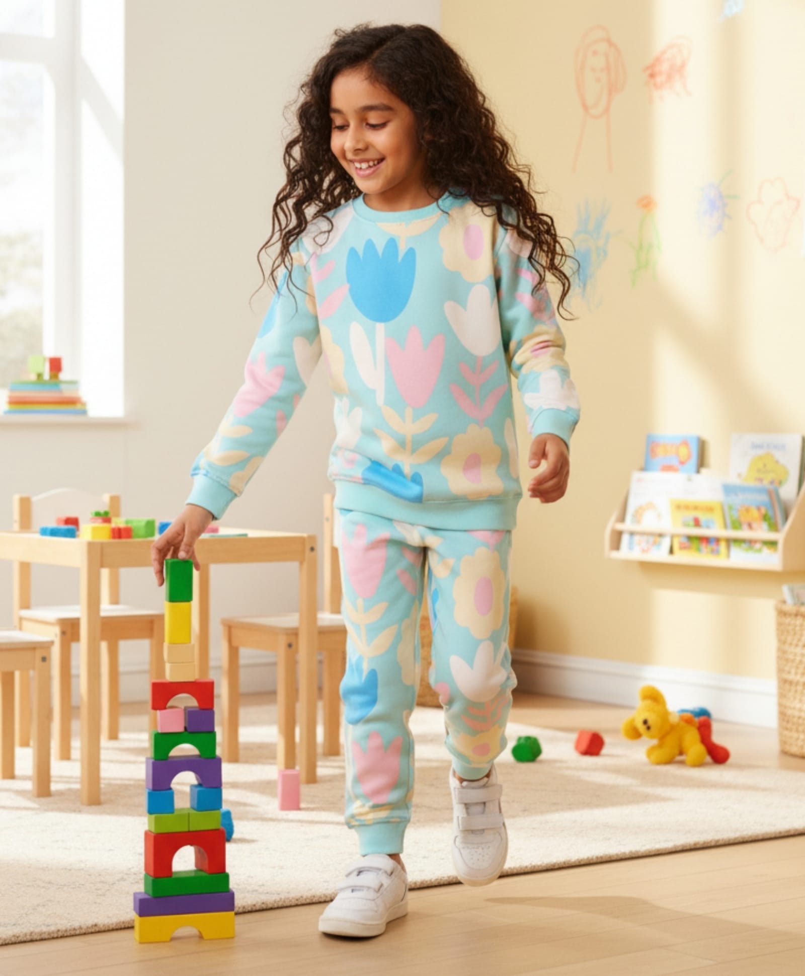 Anthrilo Fleece Knit Full Sleeves Floral Printed Winter Sweatshirt & Coordinating Joggers Set - Aqua Blue-picture-18