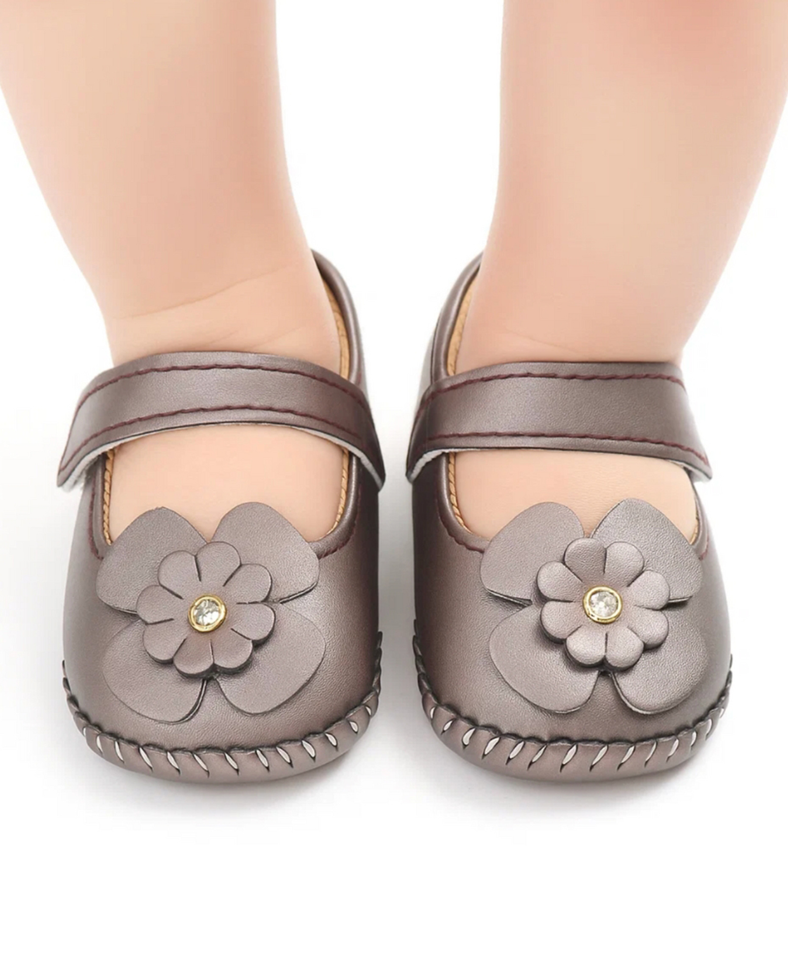 Neska Moda Floral Applique Detailed Velcro Closure Mary Jane Ballerinas - Dark Brown-image-32