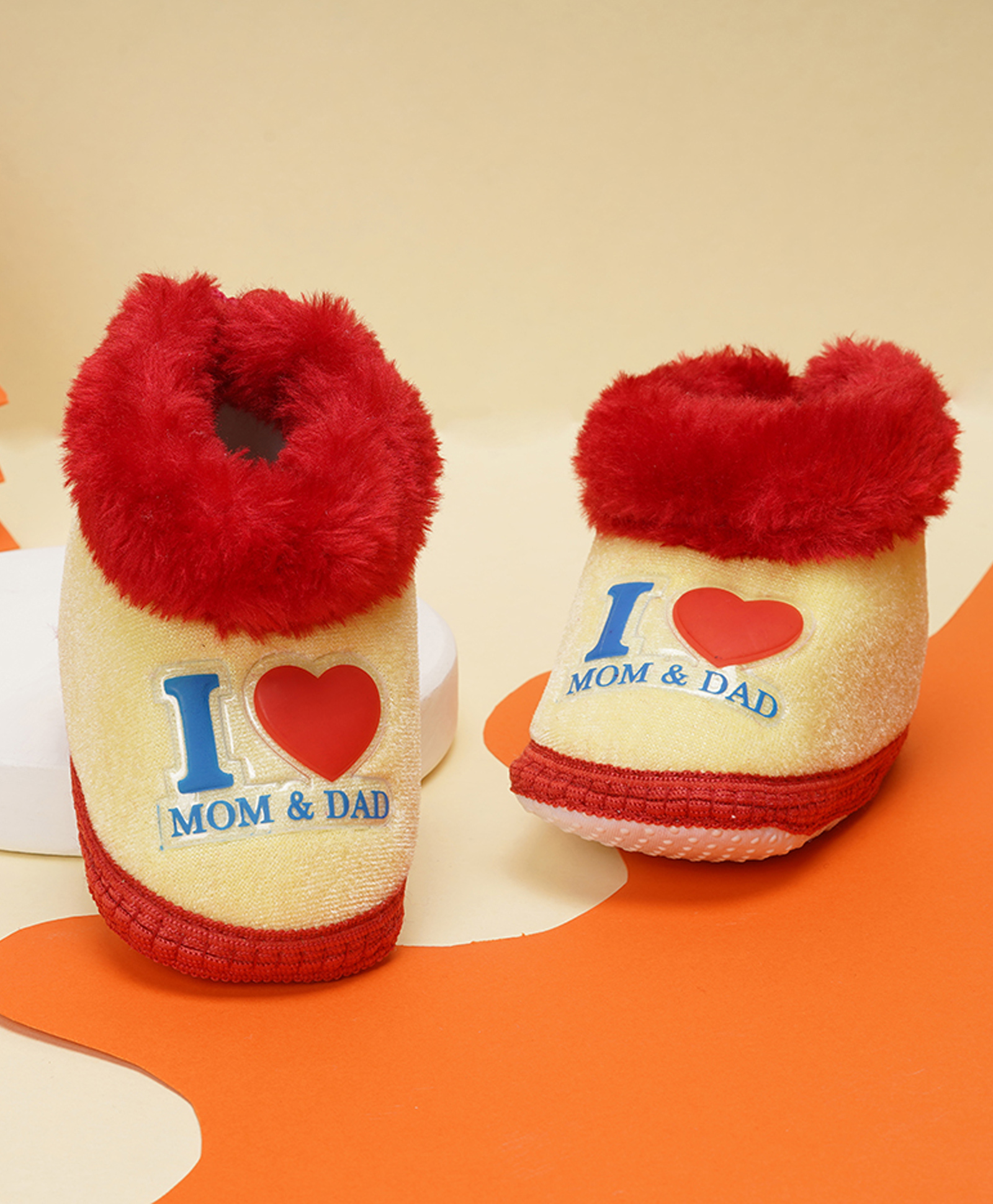 Neska Moda I Love Mom & Dad Text Patch Detailed Slip On Booties - Yellow & Red-image-18