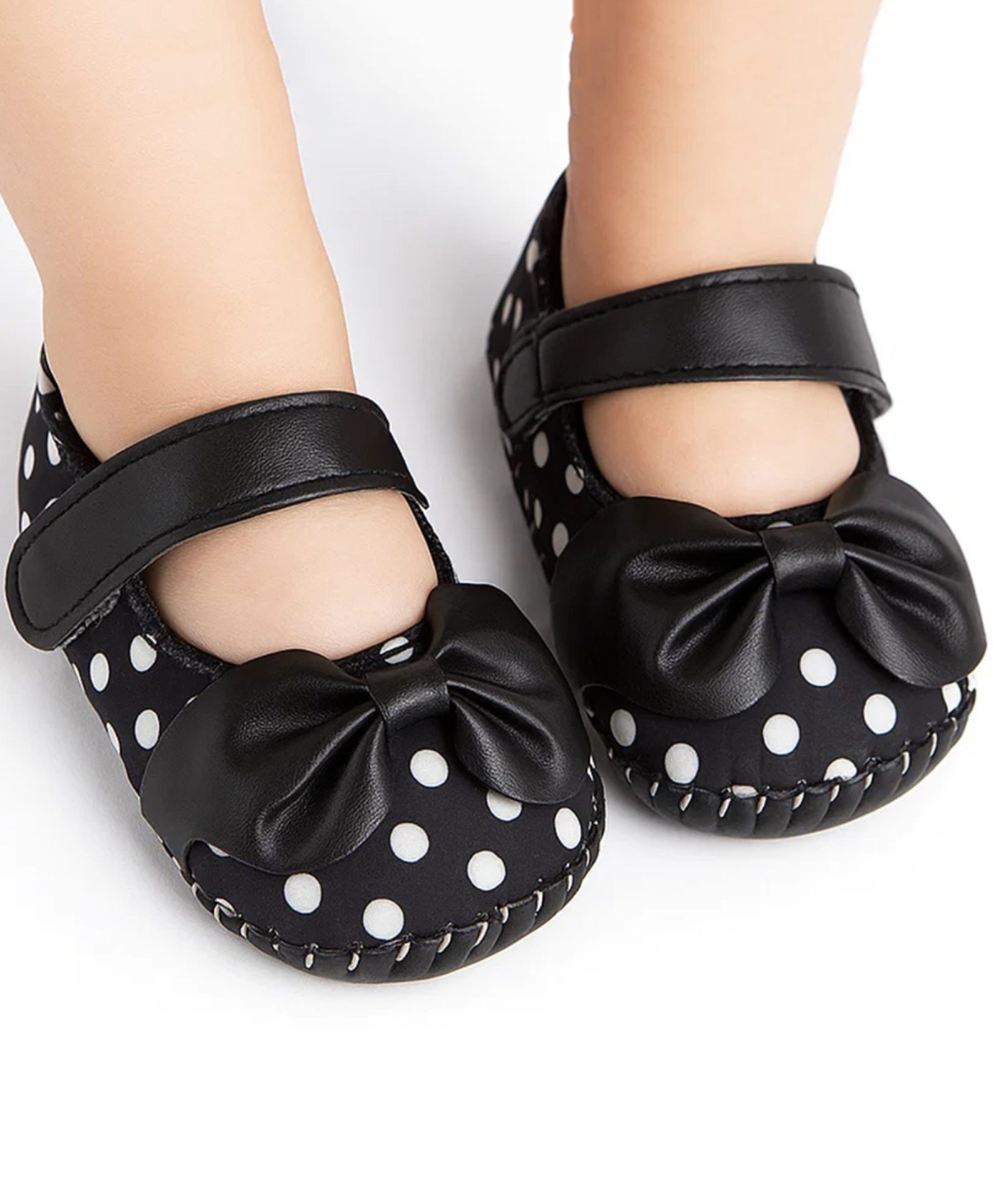 Neska Moda Bow Applique Detailed Polka Dots Designed Velcro Closure Mary Jane Ballerinas - Black-image-45