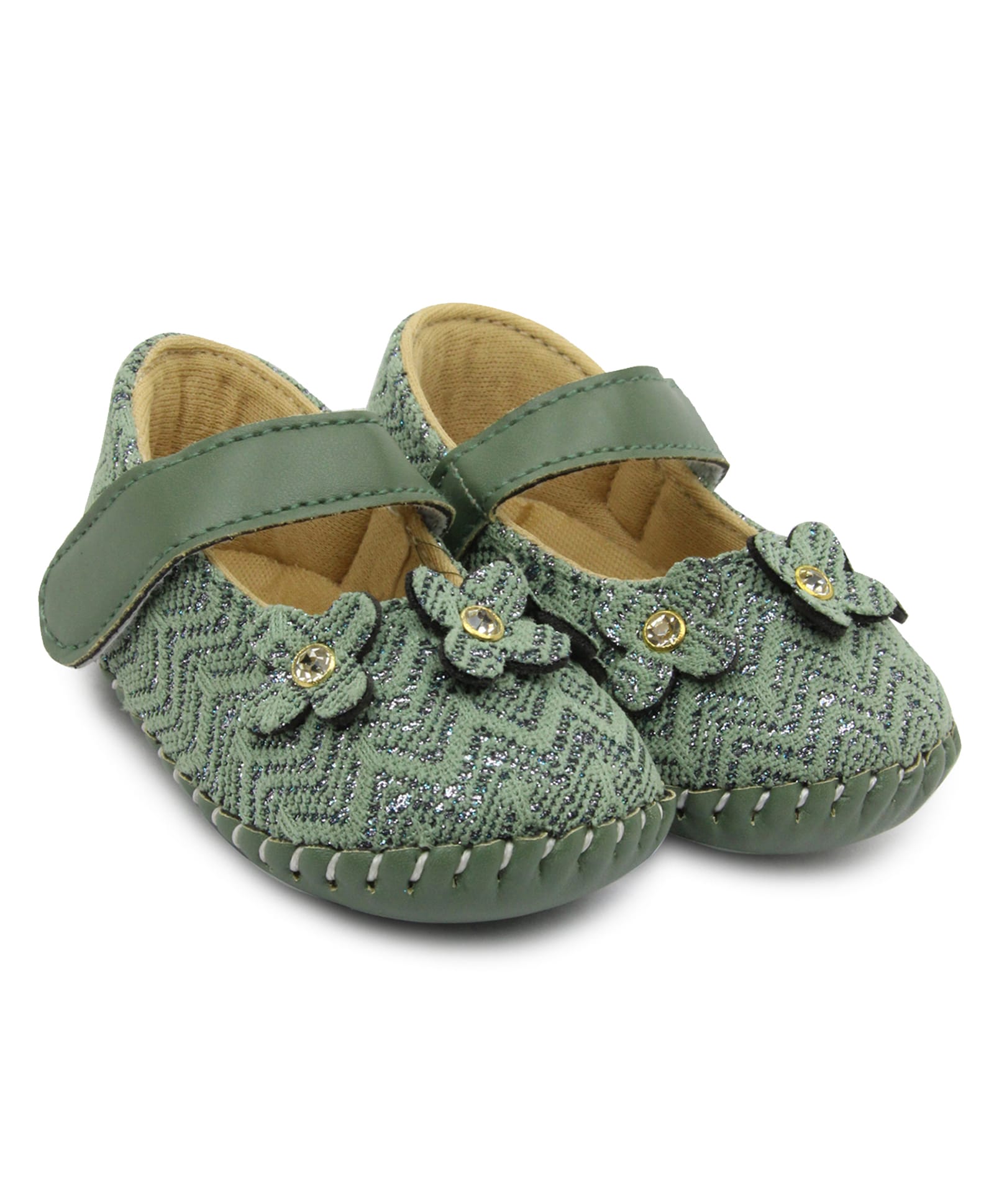 Neska Moda Floral Applique Detailed & Glittered Velcro Closure Mary Jane Ballerinas - Green-image-15
