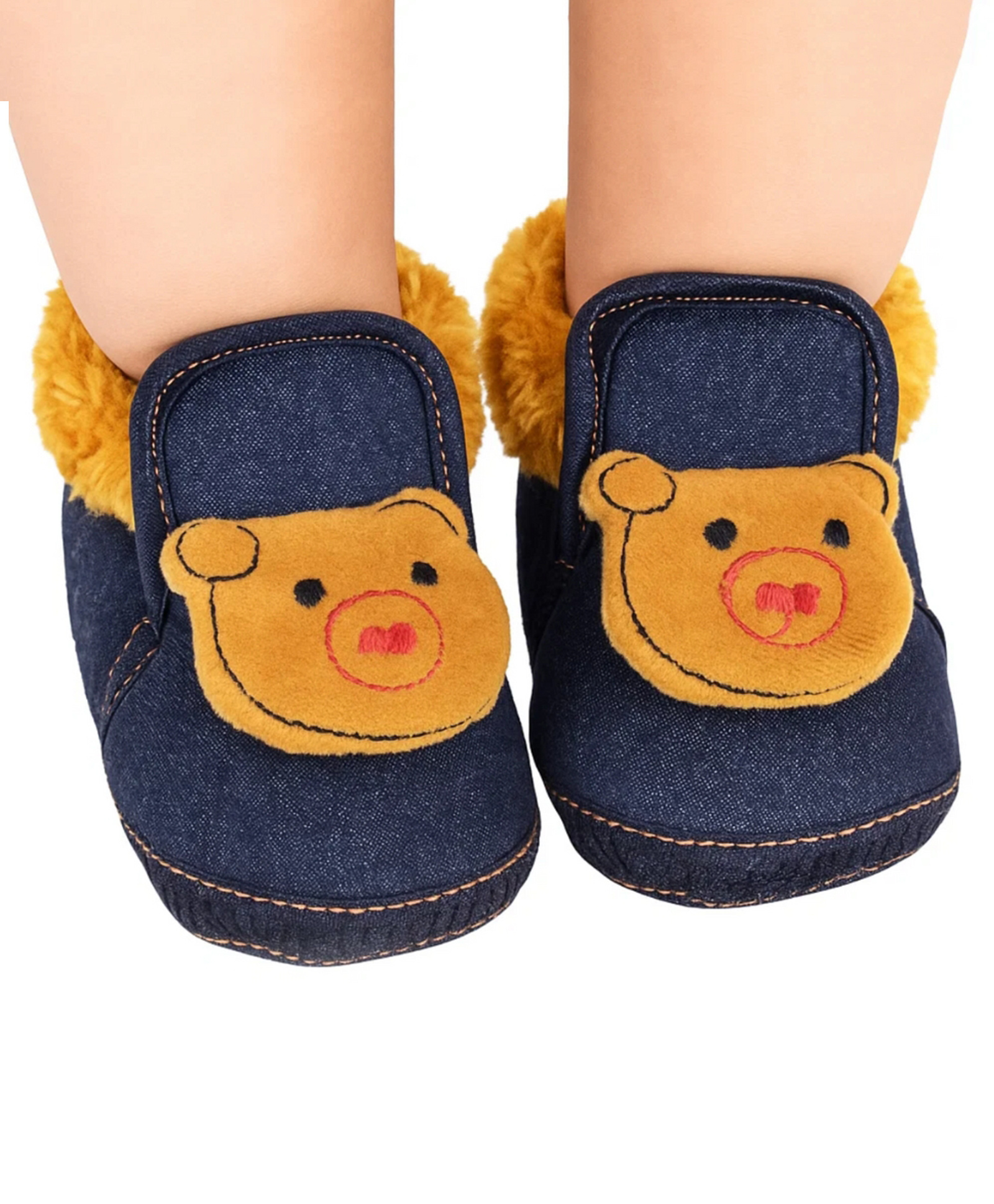 Neska Moda Teddy Bear Applique Detailed Slip On Booties - Brown & Dark Blue-image-20