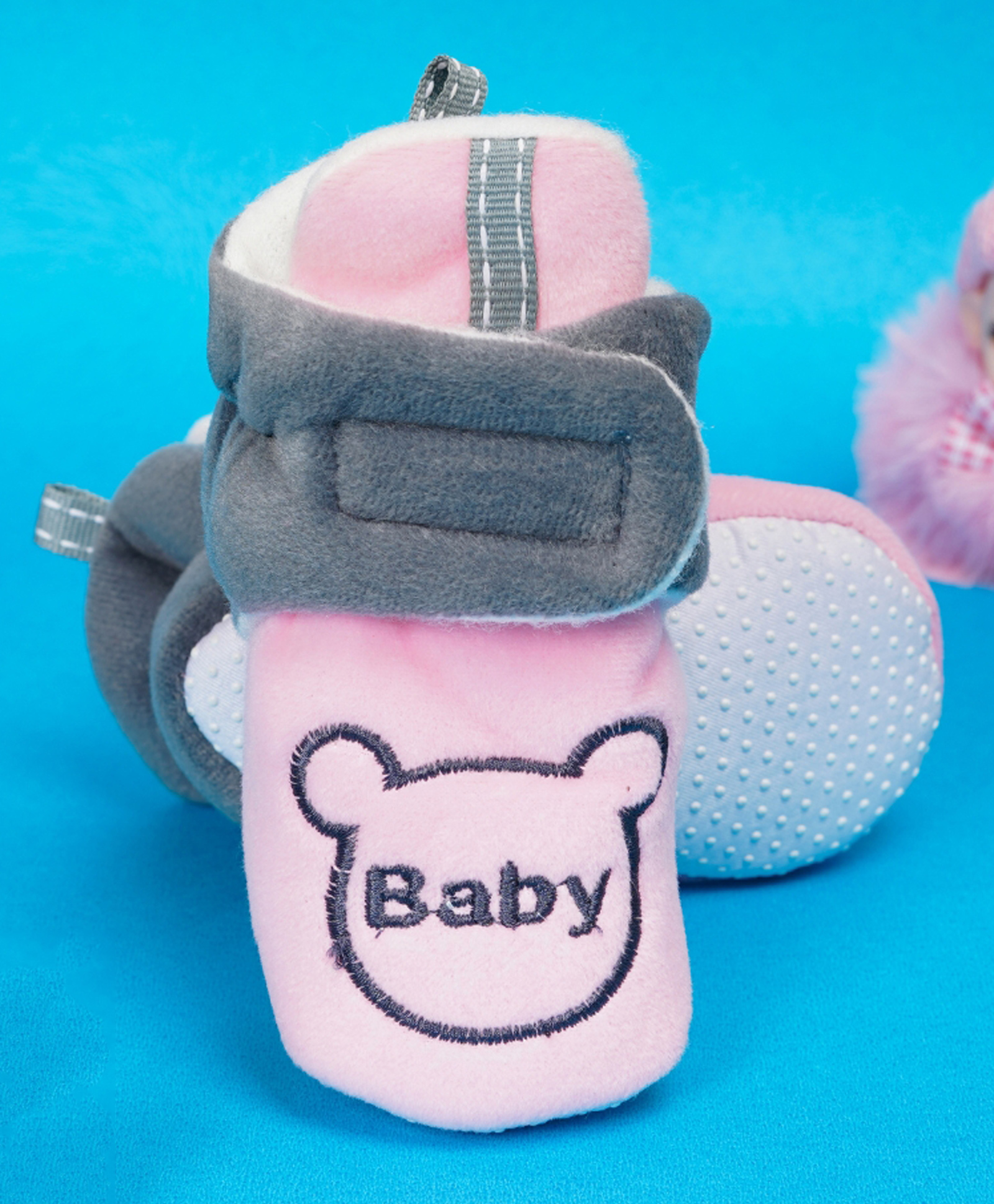 Neska Moda Animal & Baby Text Embroidered Velcro Closure Booties - Pink & Grey-image-28